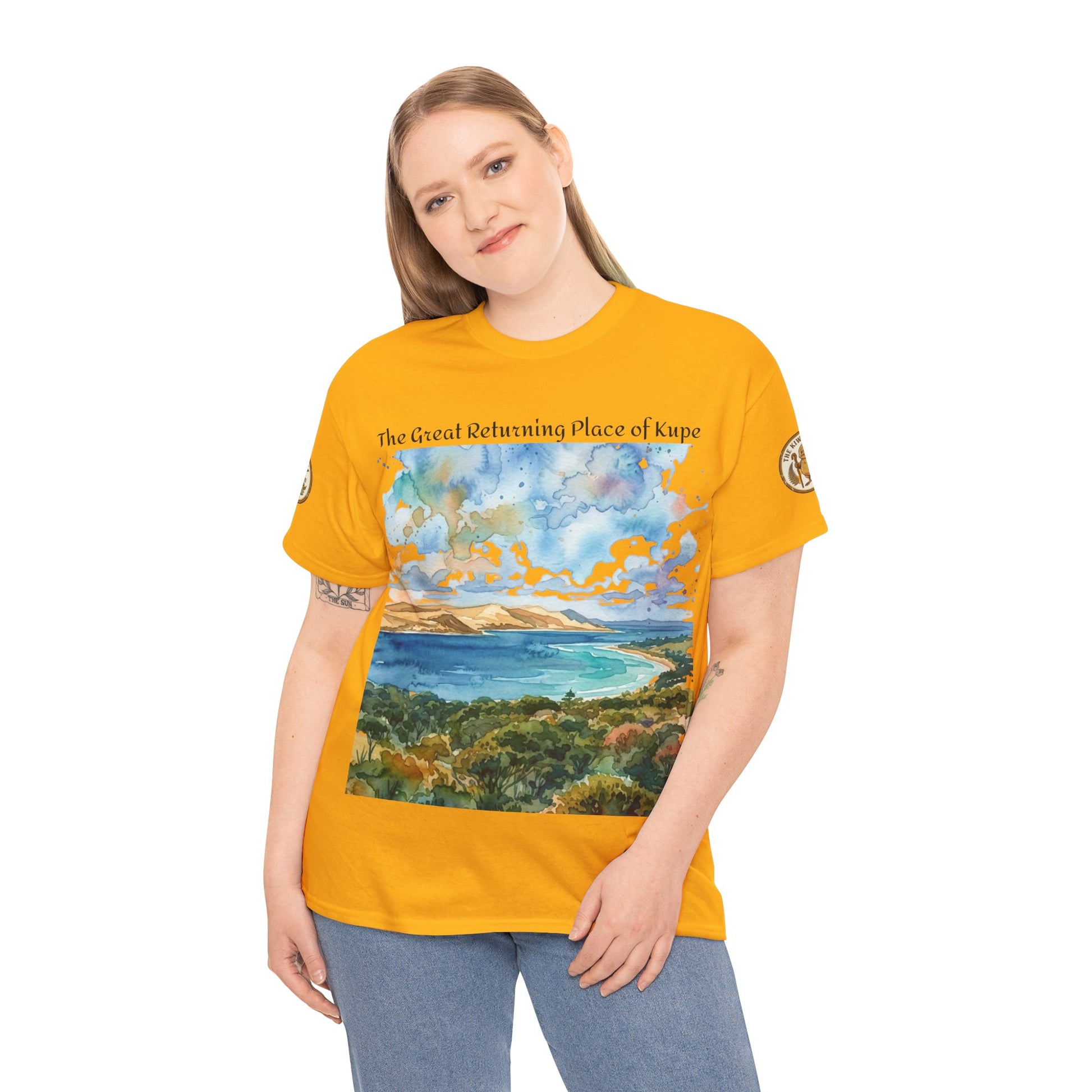 Yellow Hokianga Harbour graphic T-shirt with large landscape print and short sleeves