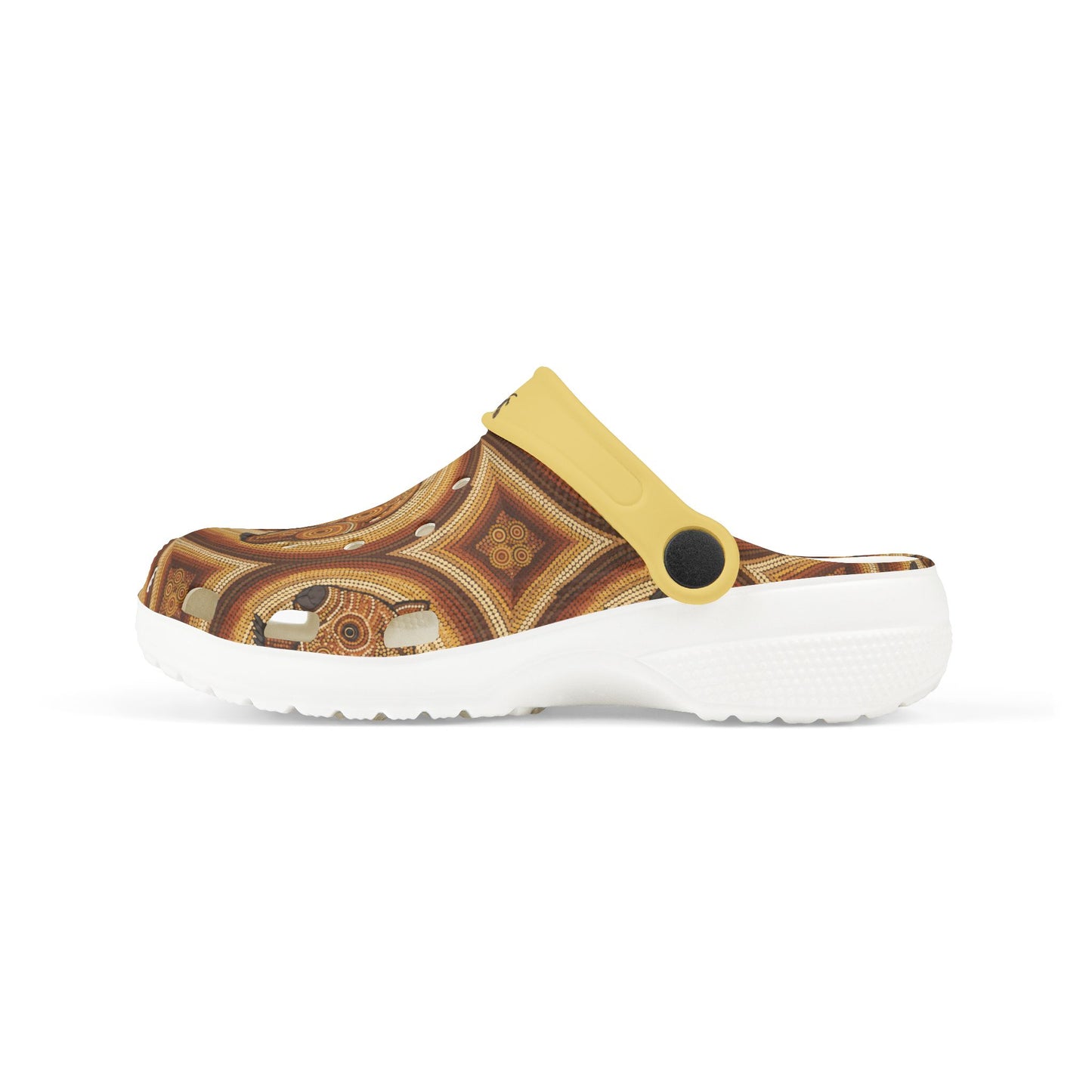 Patterned slip-on casual clogs with yellow strap, white sole, side angle.
