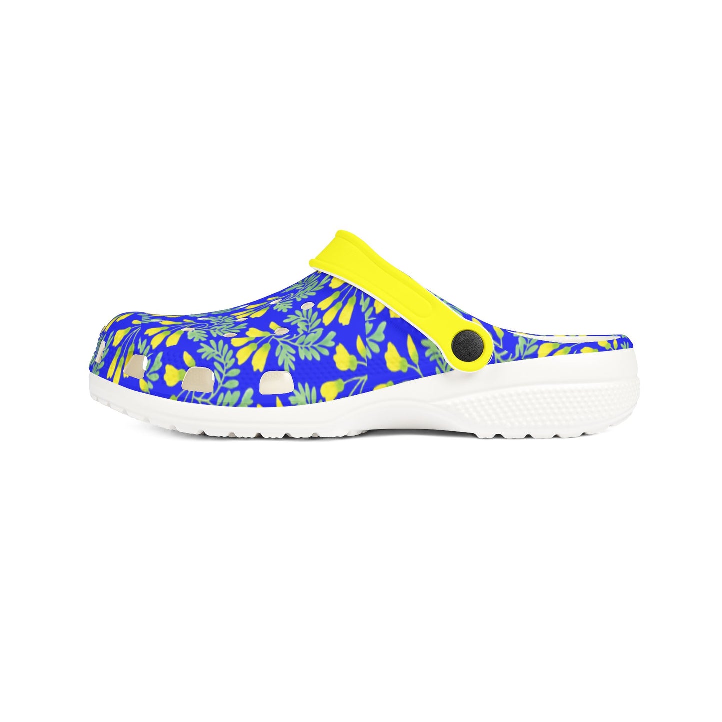 Kōwhai slip-on clogs with blue jungle print upper, yellow strap, white outsole