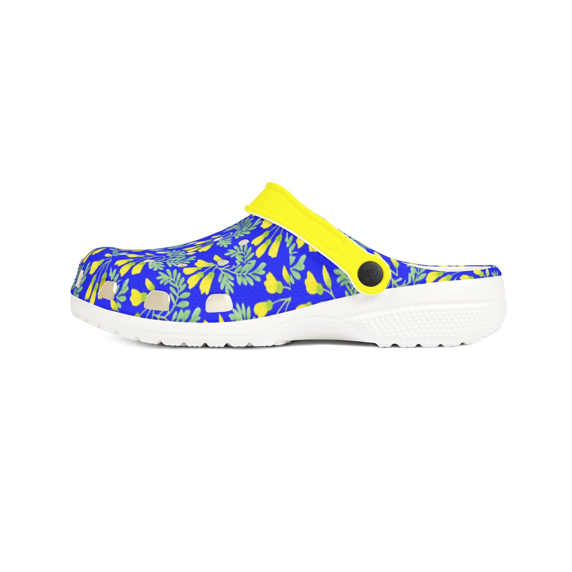 Kōwhai slip-on clogs with blue jungle print upper, yellow strap, white outsole