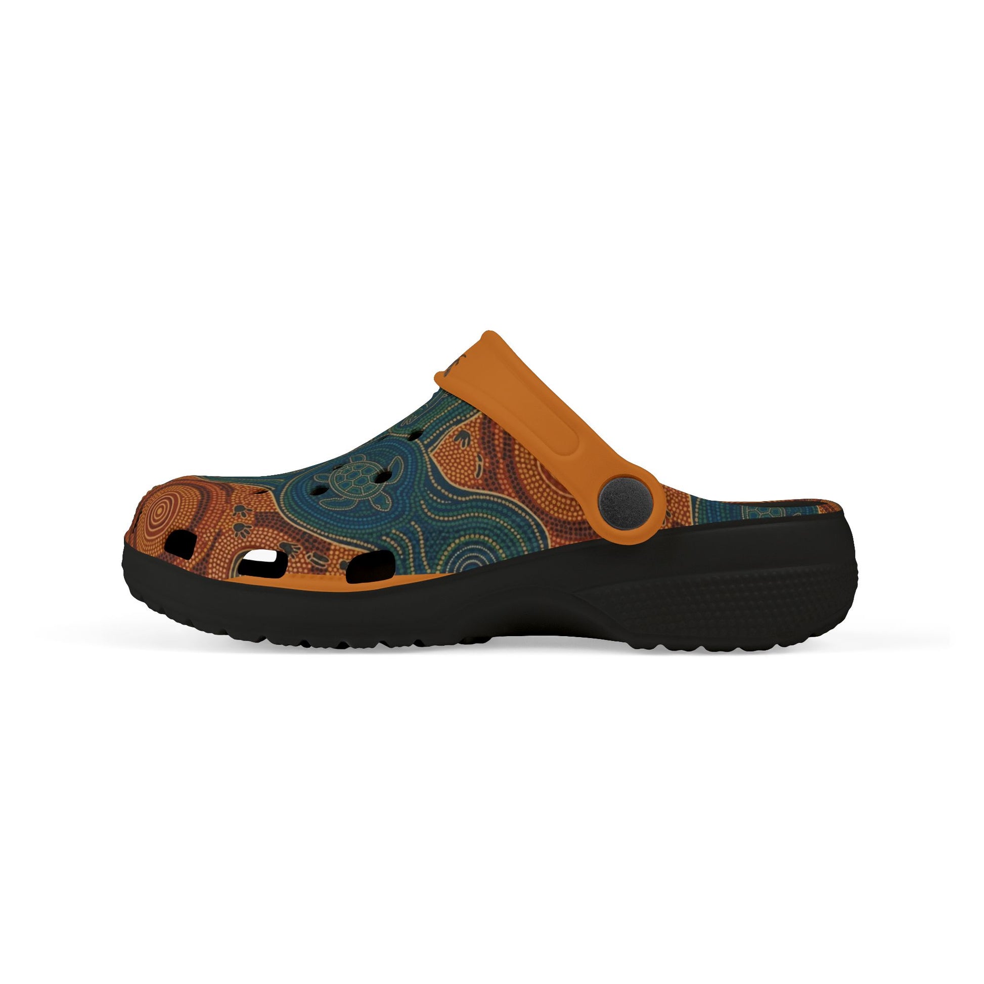 Casual clog shoe profile with teal-and-orange art print, orange strap, black sole