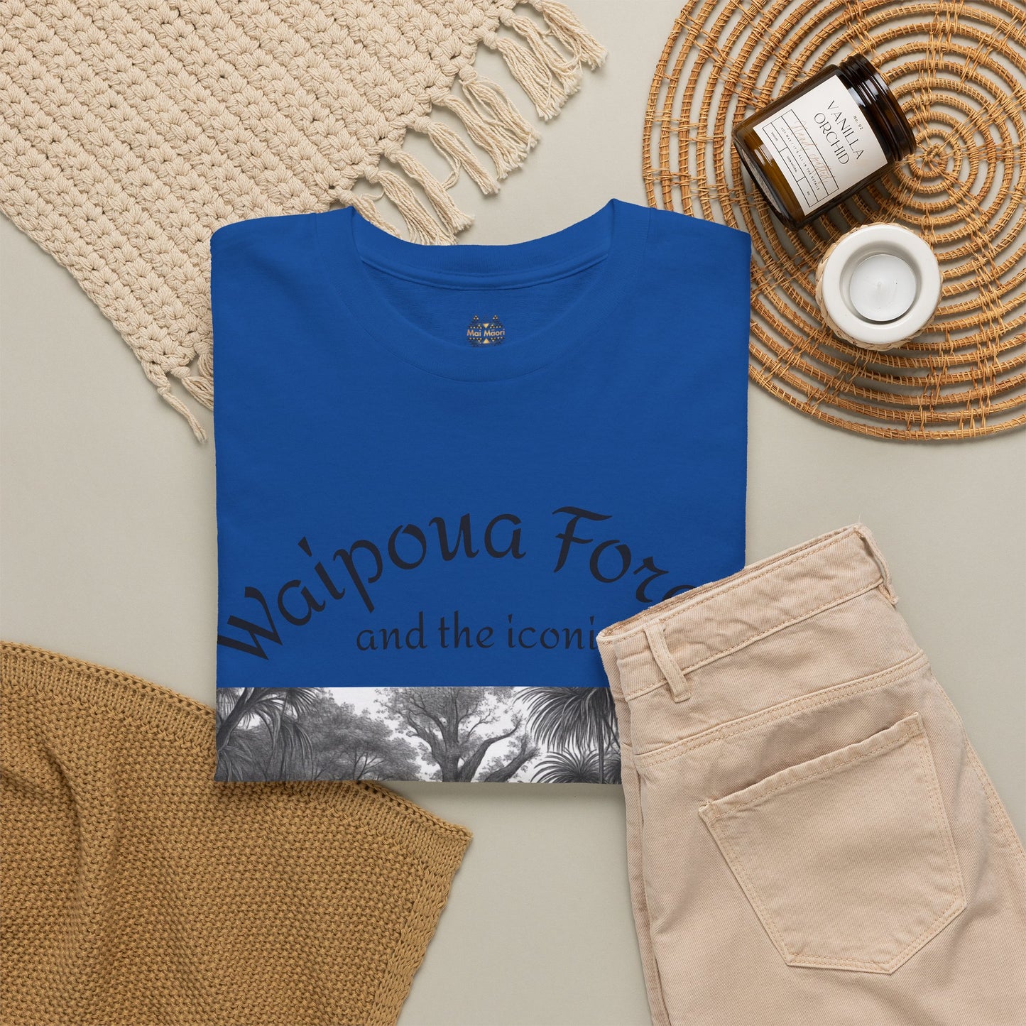 Blue crewneck T-shirt with black-and-white forest graphic panel and front script print