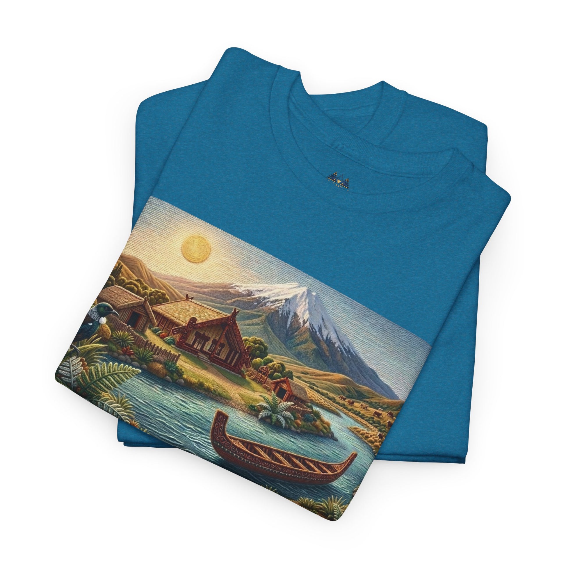 Two teal short-sleeve T-shirts with matching landscape prints and overlapping sleeves