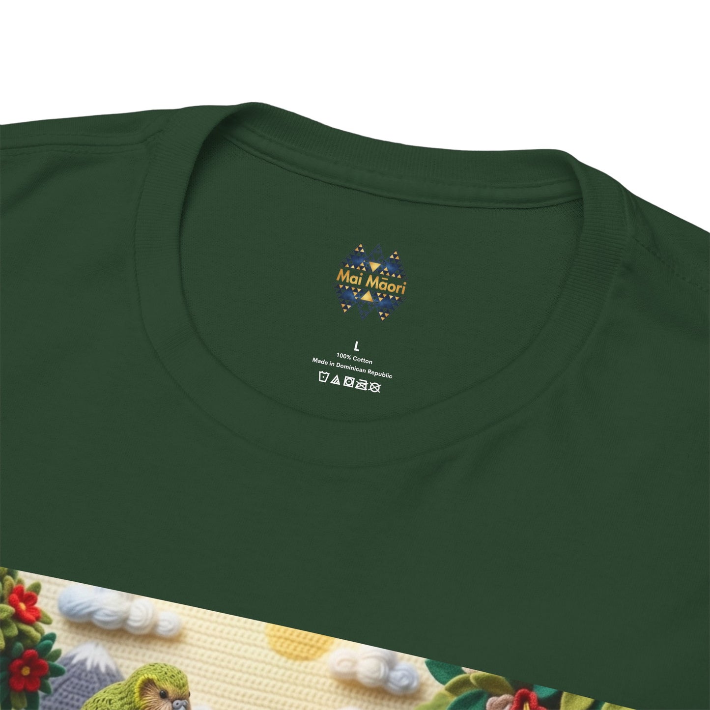 Green crewneck T-shirt close-up of small chest logo at neckline