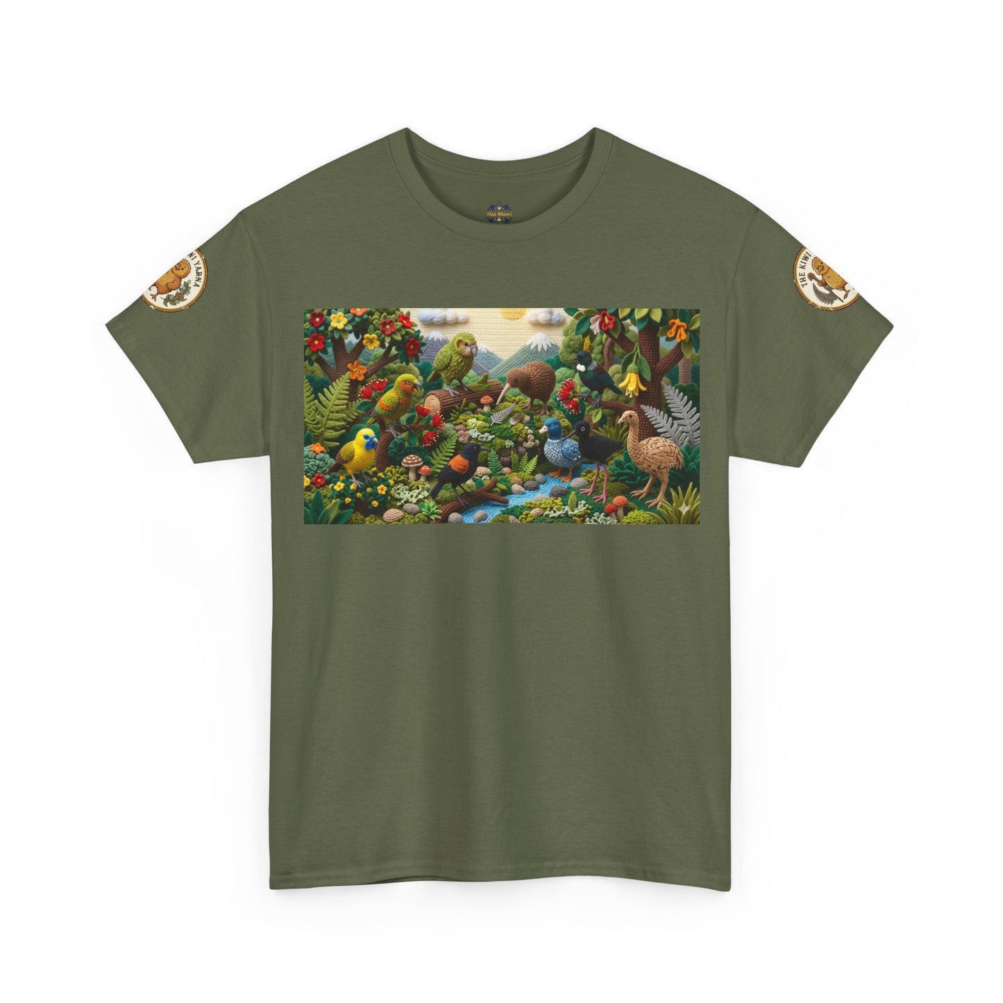 Olive green crewneck T-shirt with wildlife bird graphic and circular sleeve logo patches