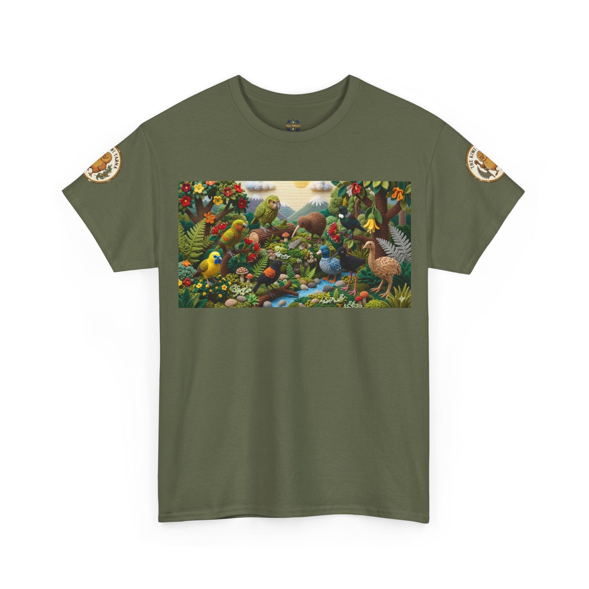 Olive green crewneck T-shirt with wildlife bird graphic and circular sleeve logo patches