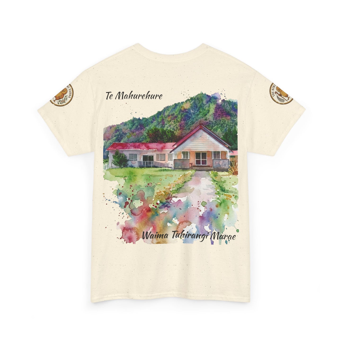 Cream T-shirt with watercolor-style house scene graphic and "Waima" text