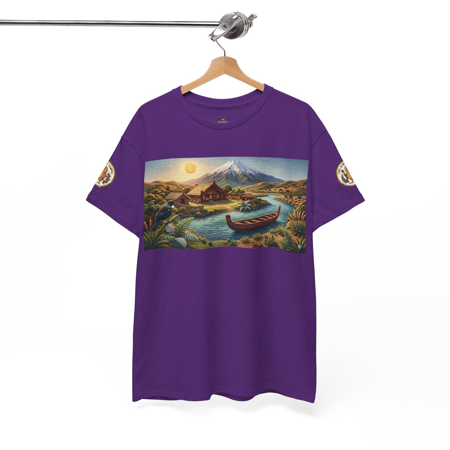 Purple crew-neck T-shirt with rectangular front graphic of canoe, house, and mountains