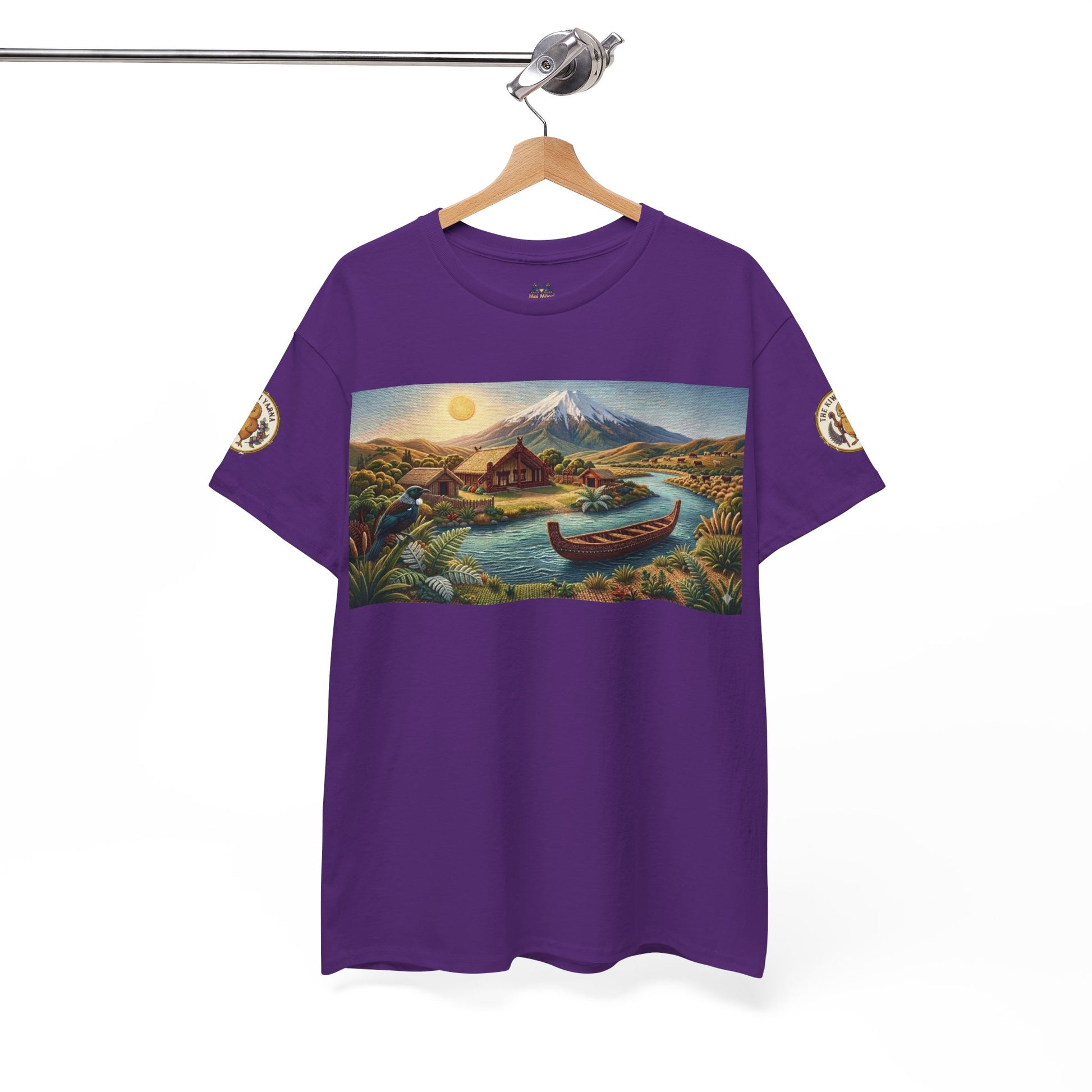 Purple crew-neck T-shirt with rectangular front graphic of canoe, house, and mountains