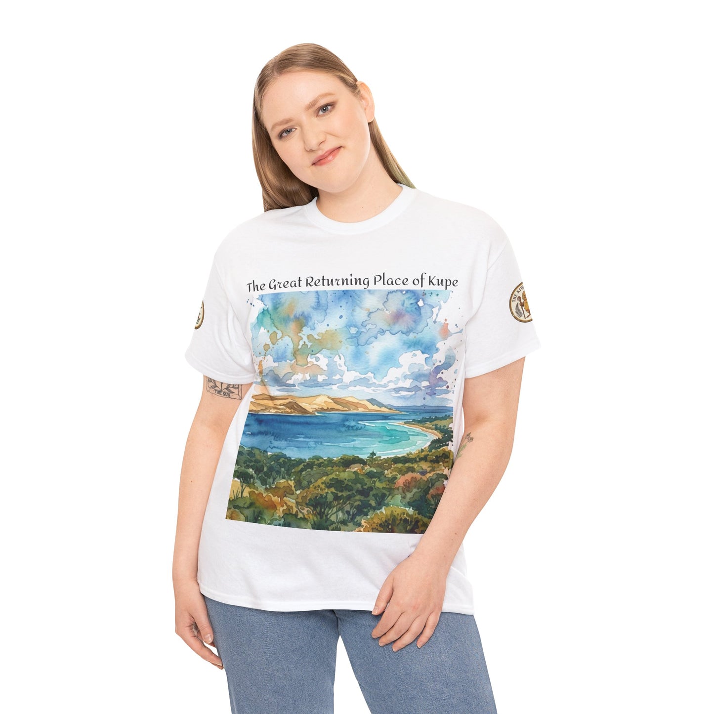 White crew-neck T-shirt on model with centered watercolor harbor landscape graphic