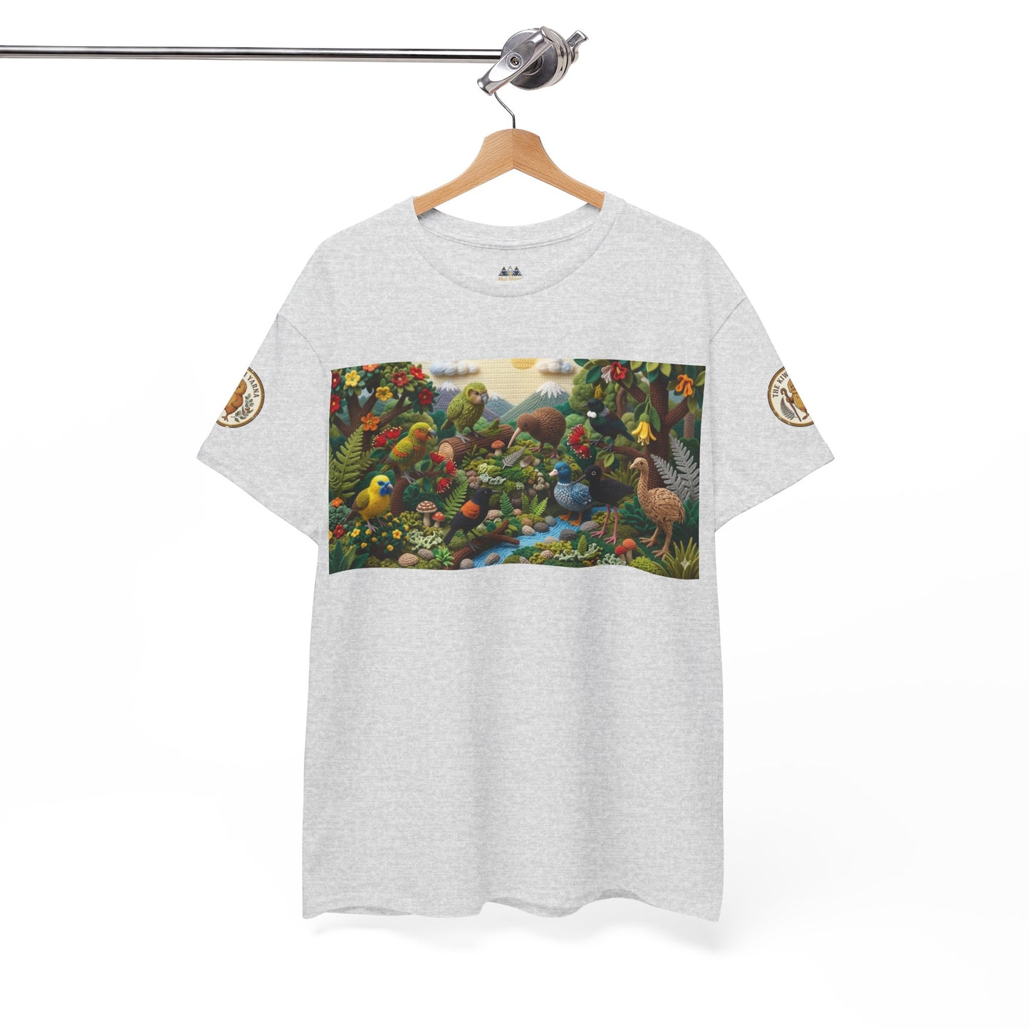 Heather gray graphic T-shirt with rectangular birds and forest scene print