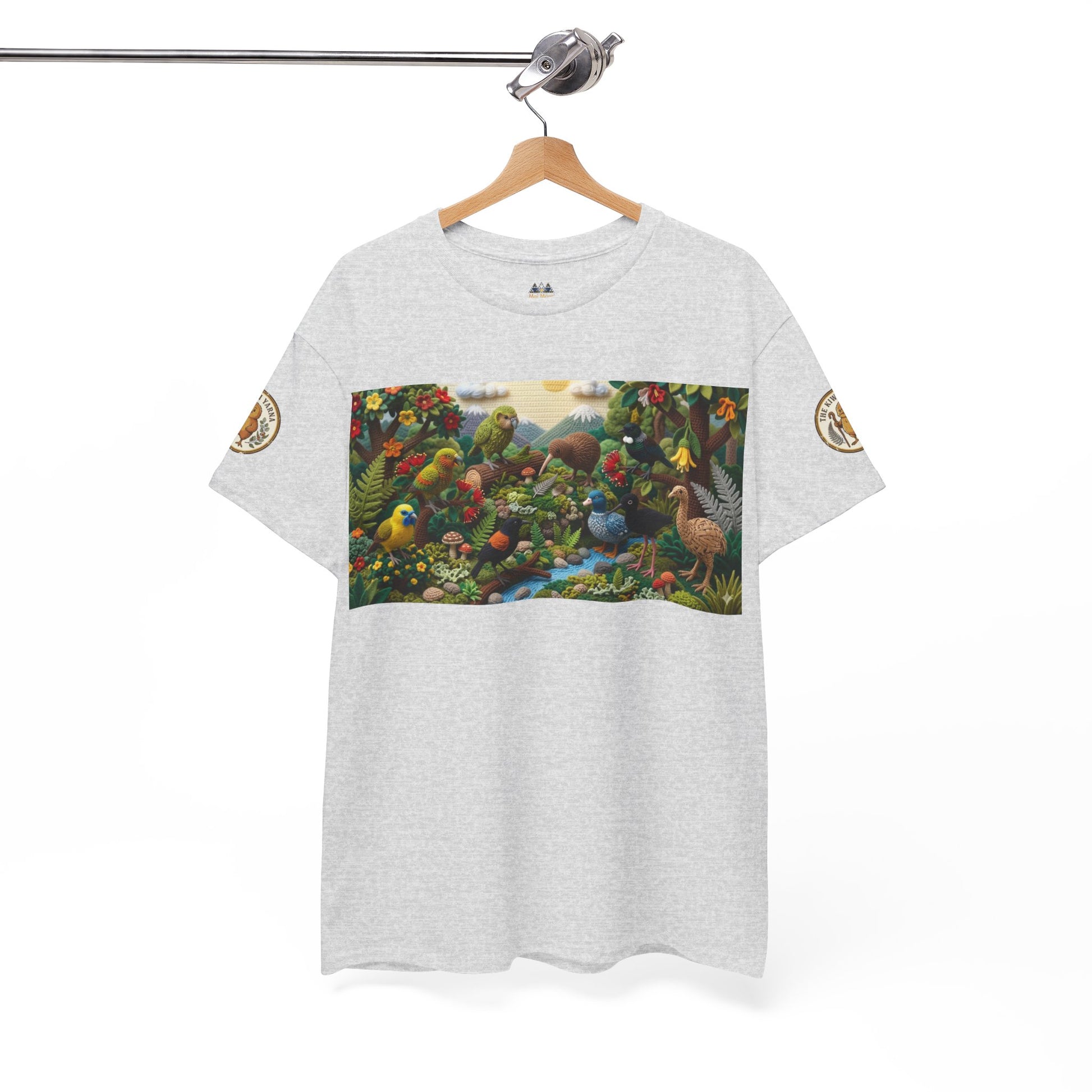 Heather gray graphic T-shirt with rectangular birds and forest scene print