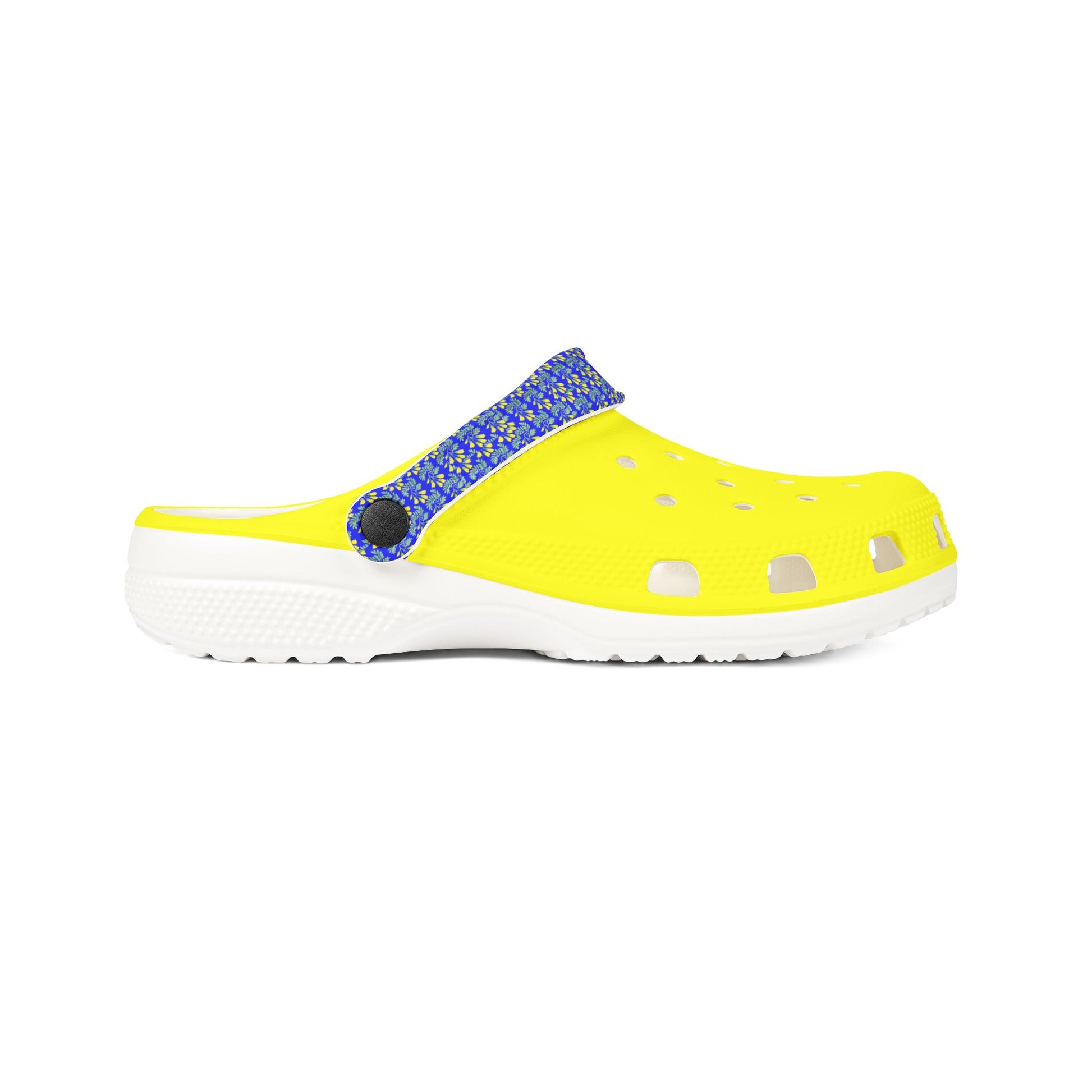 Kōwhai slip-on clogs, yellow upper with blue speckled strap, white outsole