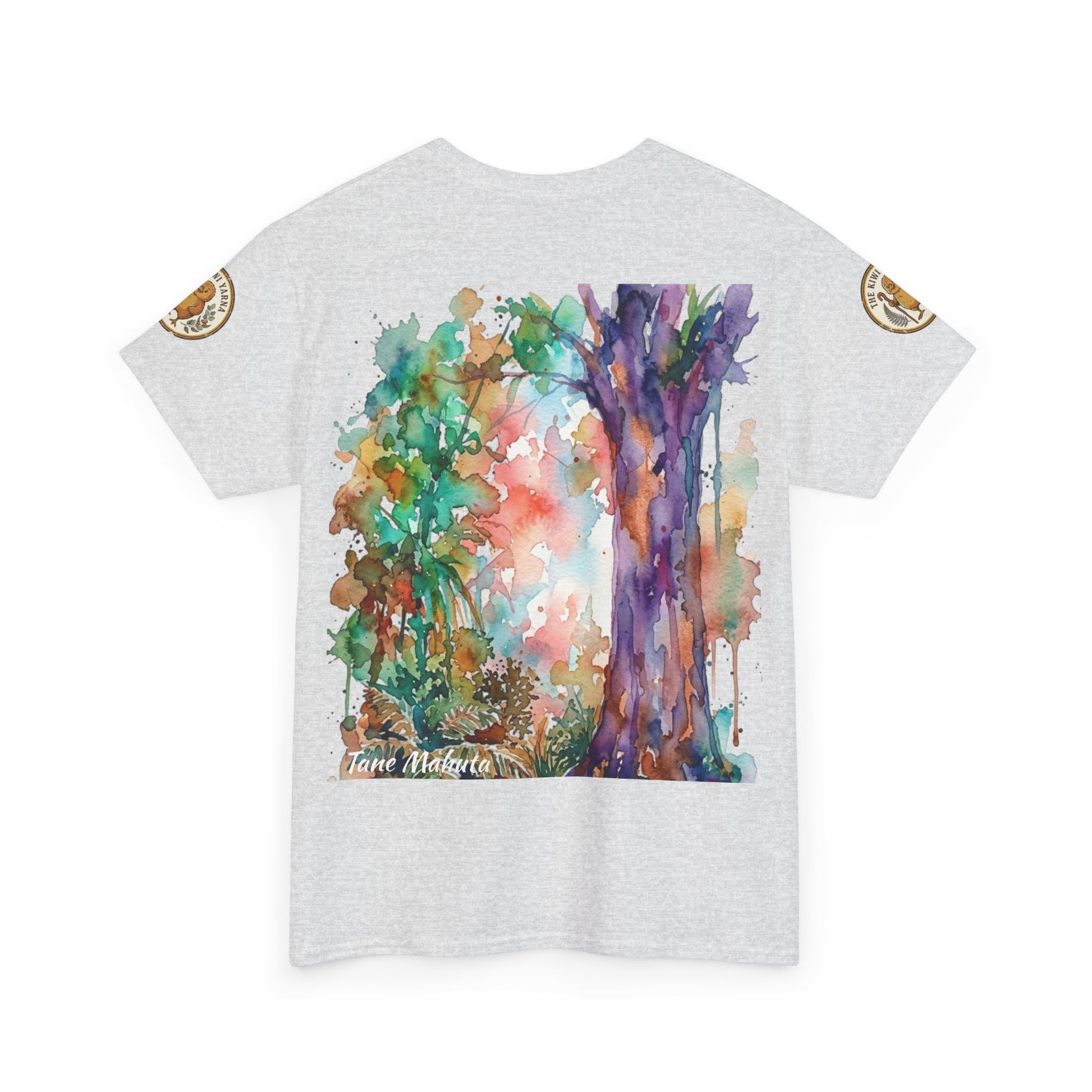 Heather gray crew-neck T-shirt with colorful watercolor tree graphic on front