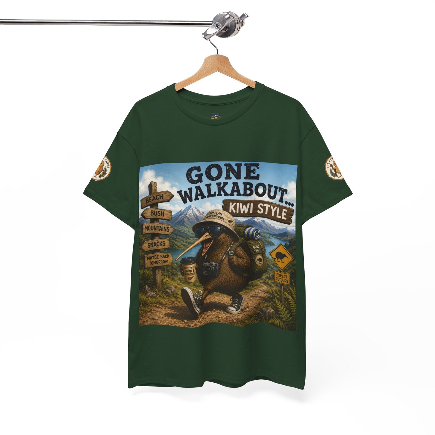 Forest green T-shirt with front kiwi adventure graphic on hanger