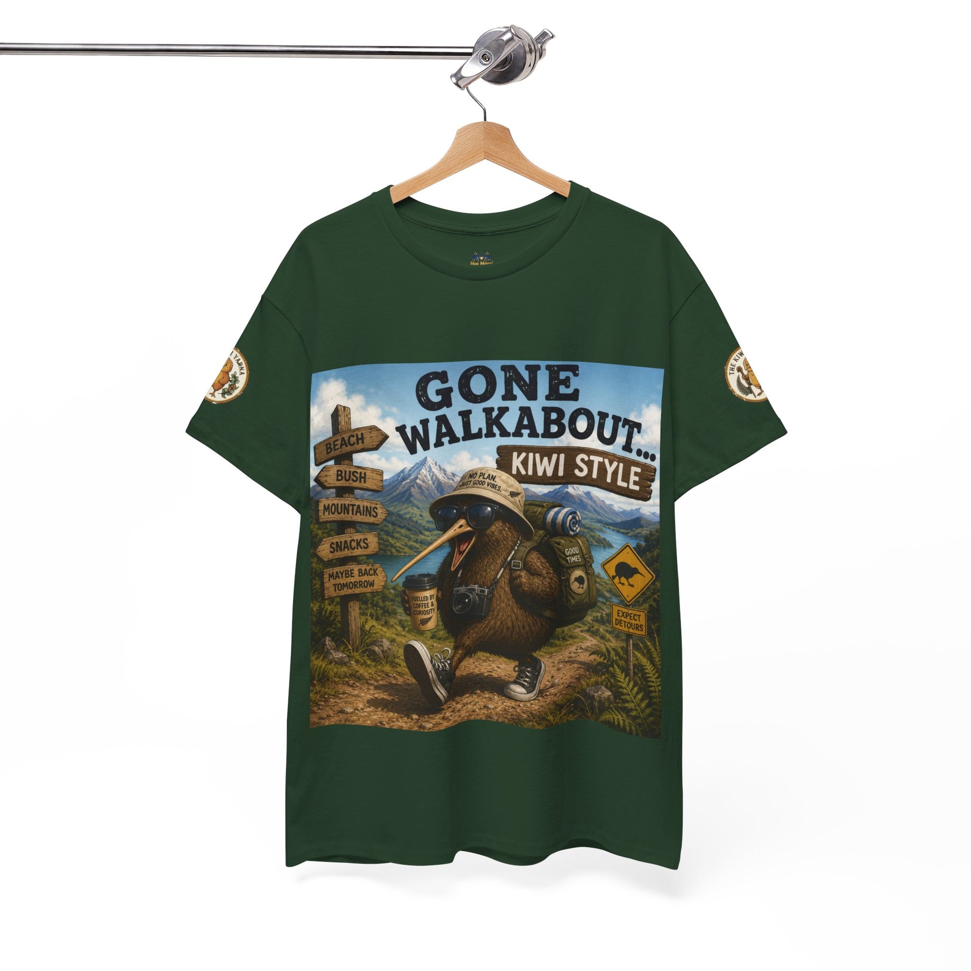 Forest green T-shirt with front kiwi adventure graphic on hanger