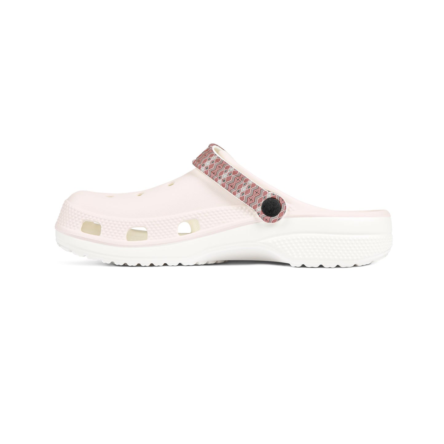 Tāniko clog with white upper and red-and-white woven strap panel over the back
