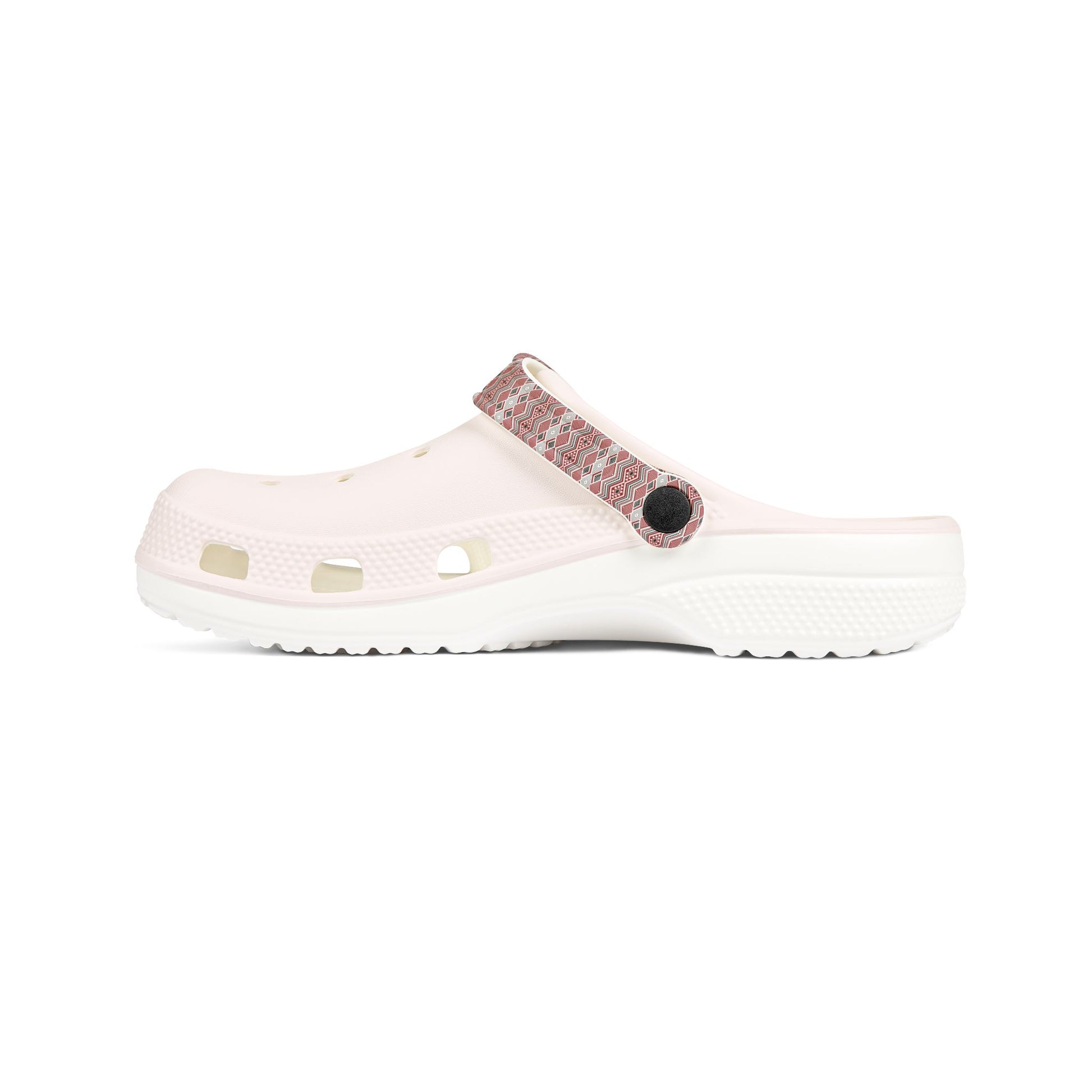 Tāniko clog with white upper and red-and-white woven strap panel over the back