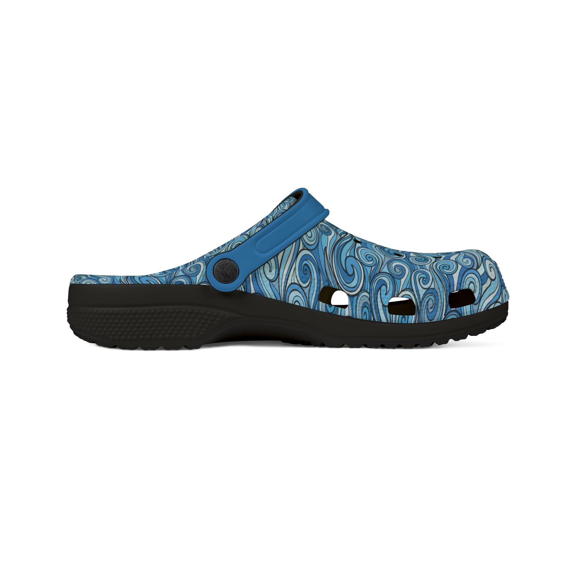 Blue patterned clog slide sandal with adjustable strap and textured dark outsole