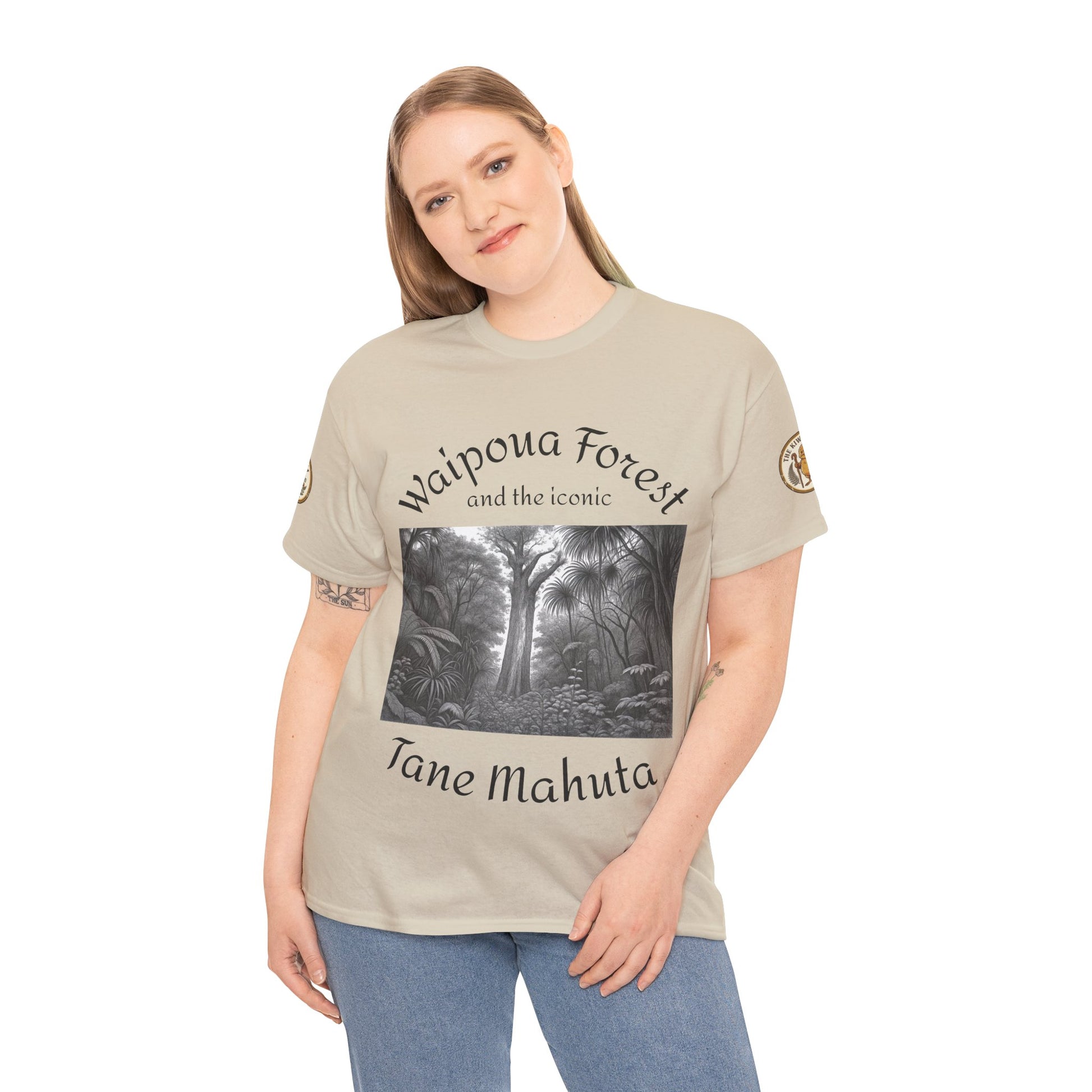 Beige T-shirt worn by model with forest and Tane Mahuta front print