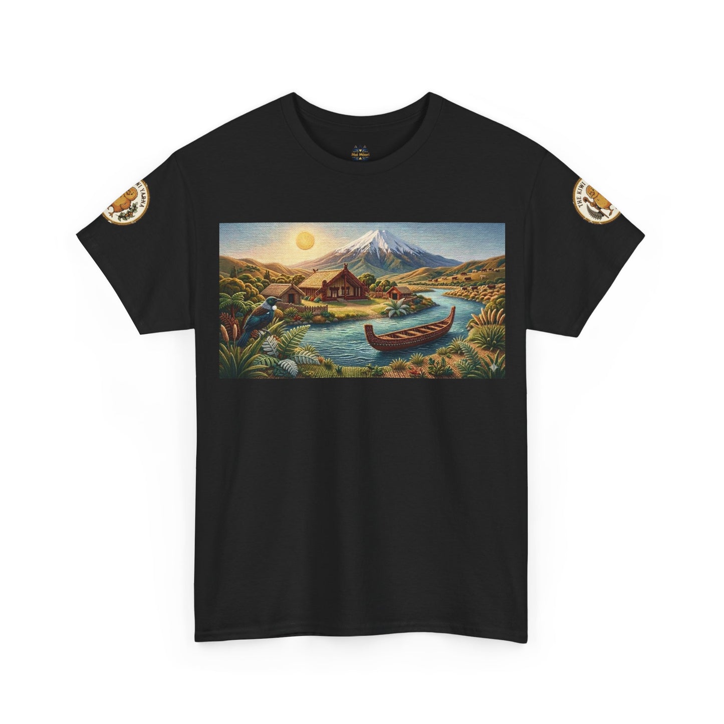 Black graphic T-shirt with landscape print and canoe; circular sleeve patches.