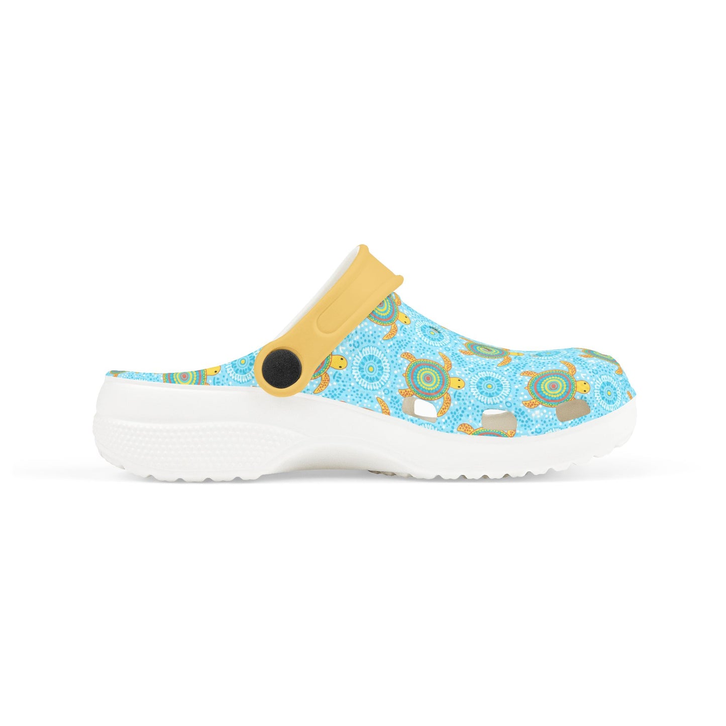 Light blue turtle-pattern clog shoe with yellow heel strap and black circular badge detail