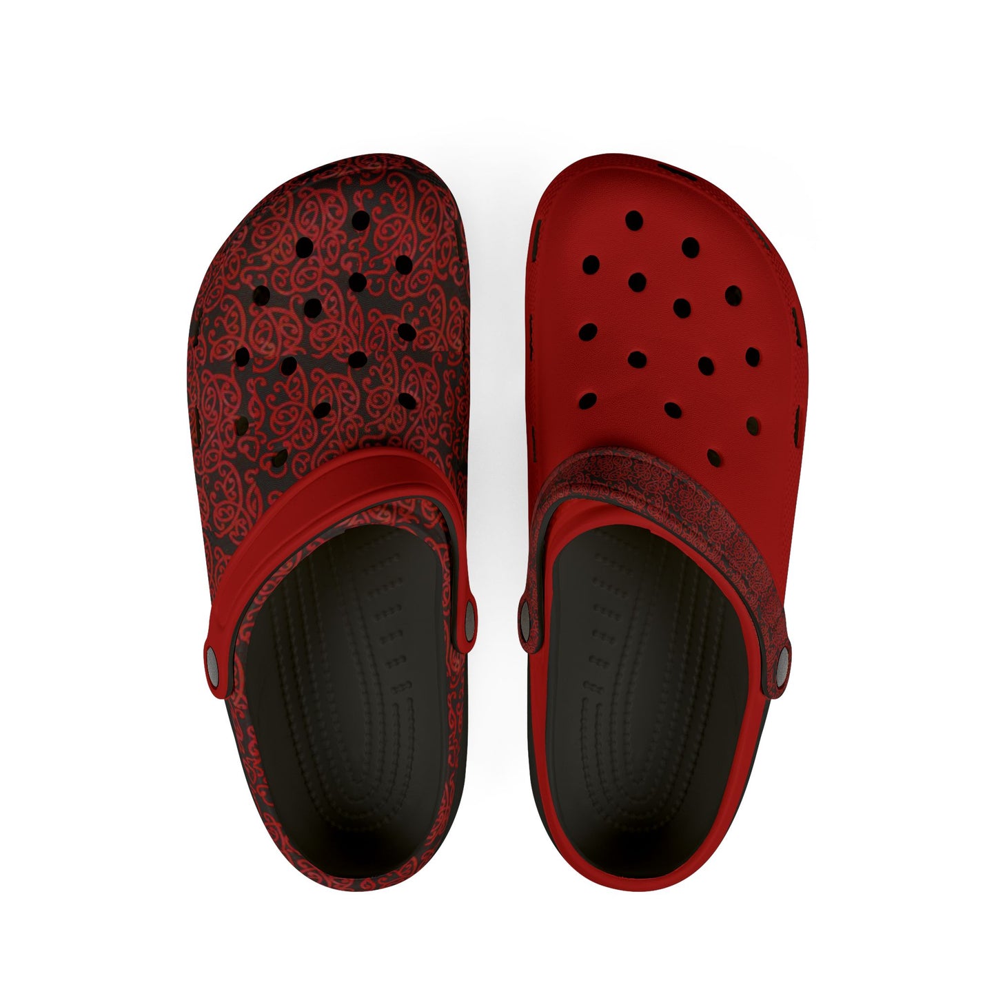 Red slip-on clog shoes with black dots and ornate upper, ventilation holes