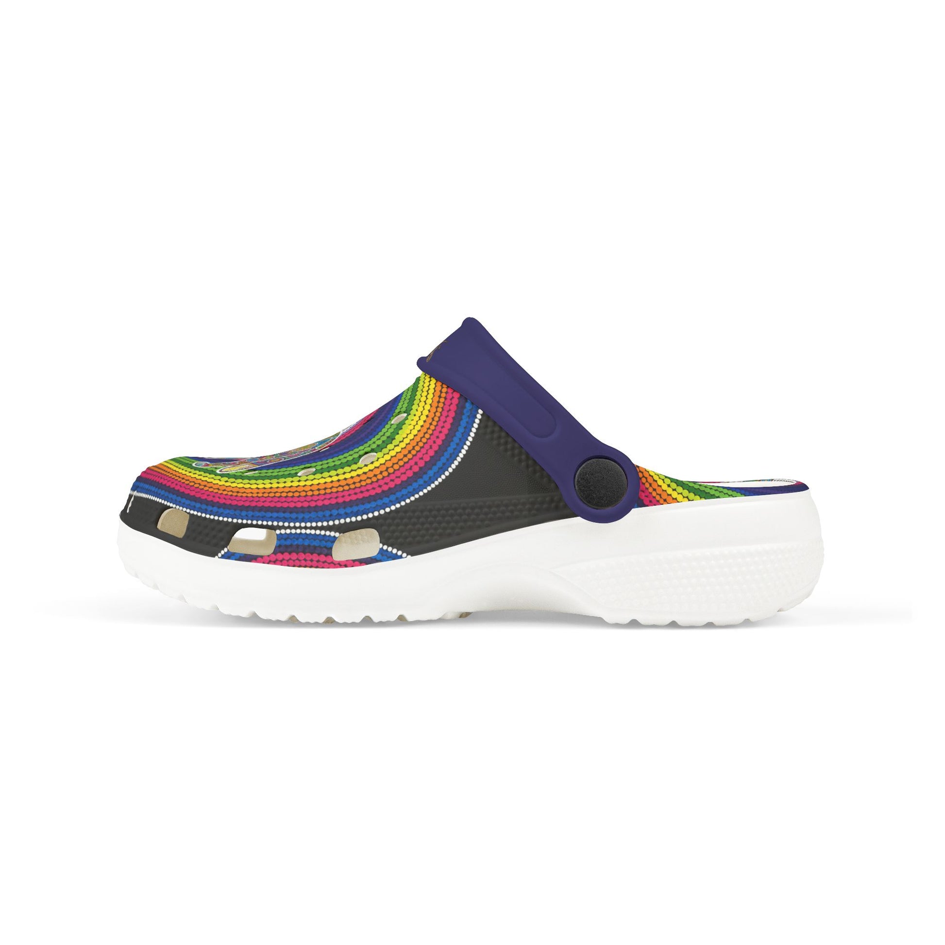 Side view navy slip-on clog with rainbow dingo print and multi-color wave detail