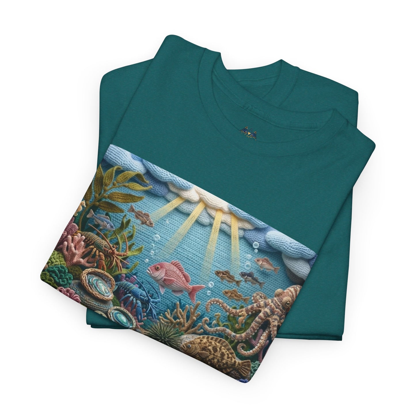 Teal short-sleeve T-shirt with folded undersea graphic print on the front