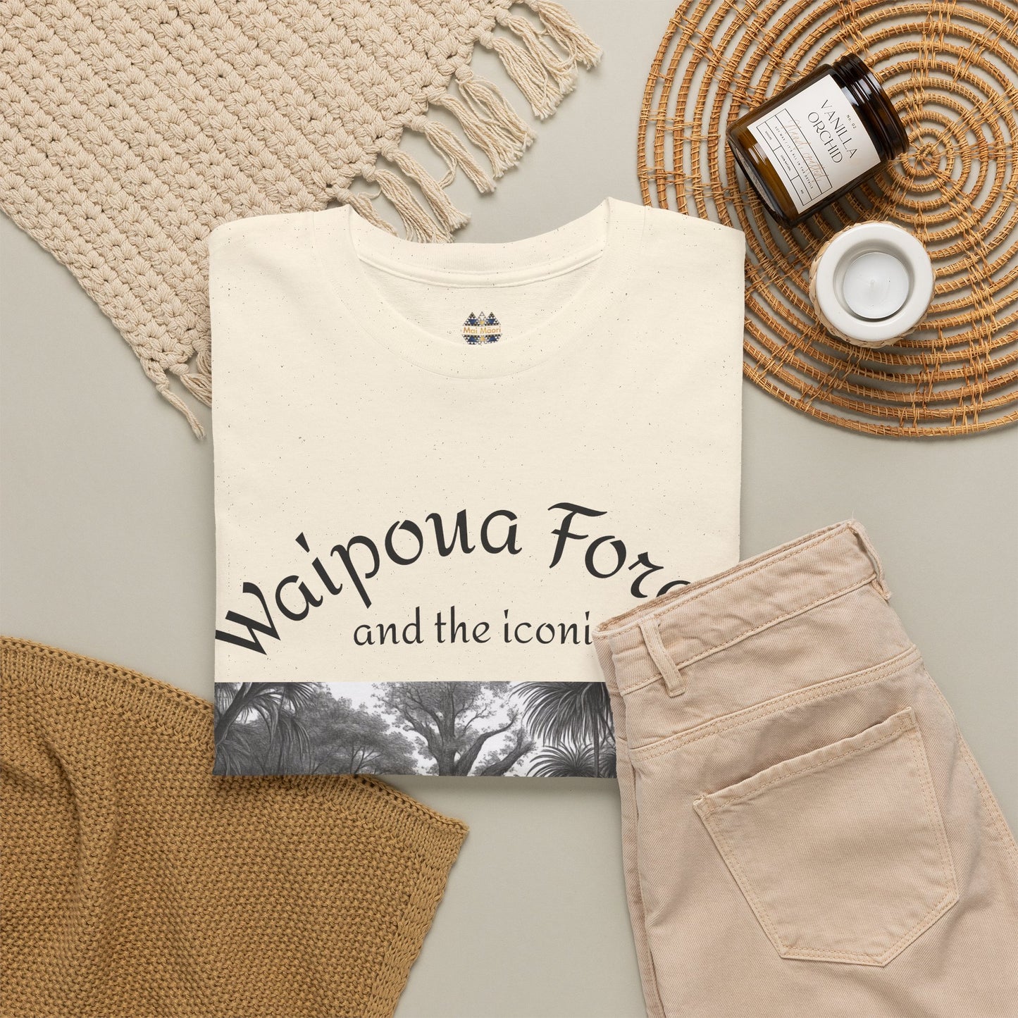 Off-white T-shirt with partial Waipoua Forest and forest graphic panel on front