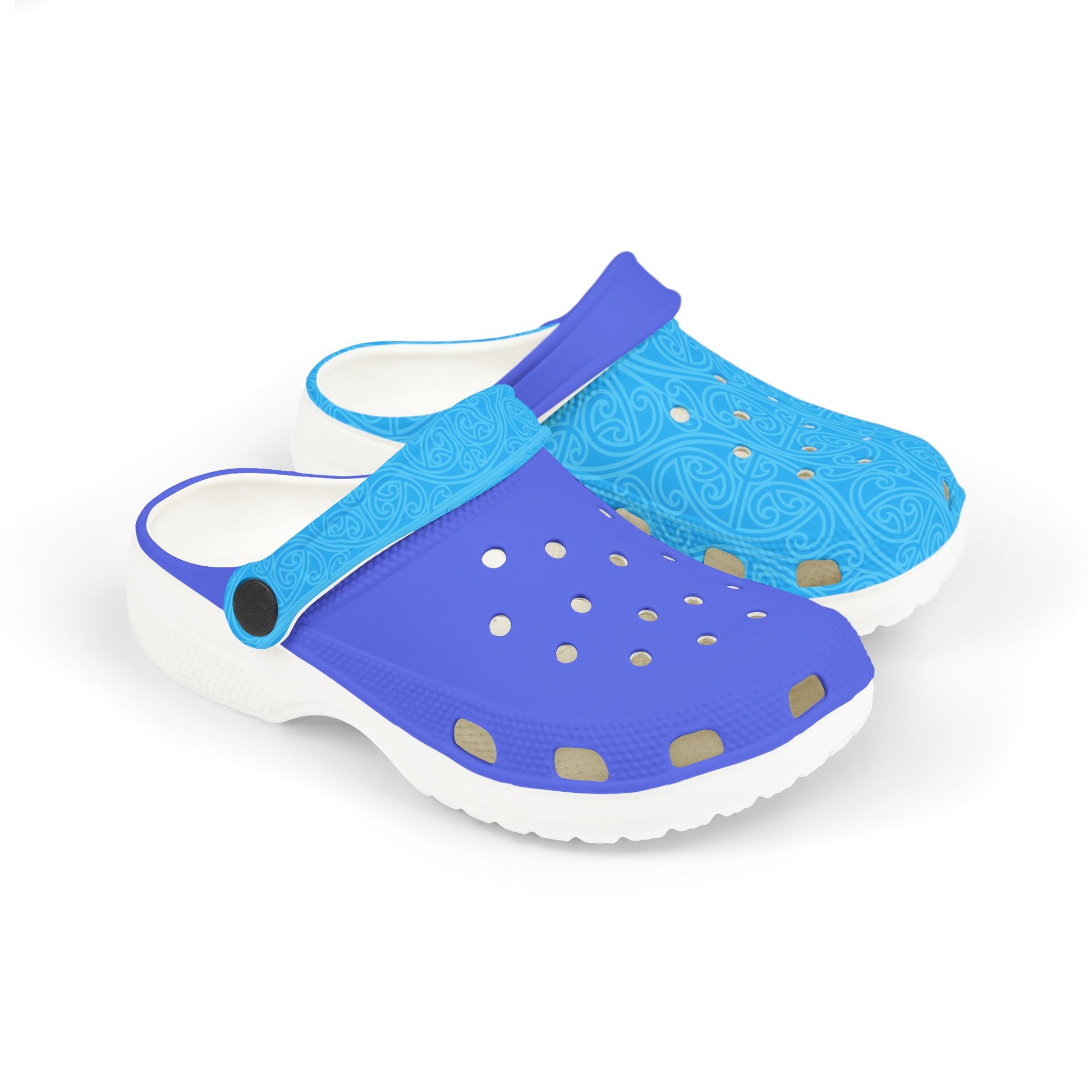 Light blue and purple slip-on clogs with decorative dots, white outsole, side view