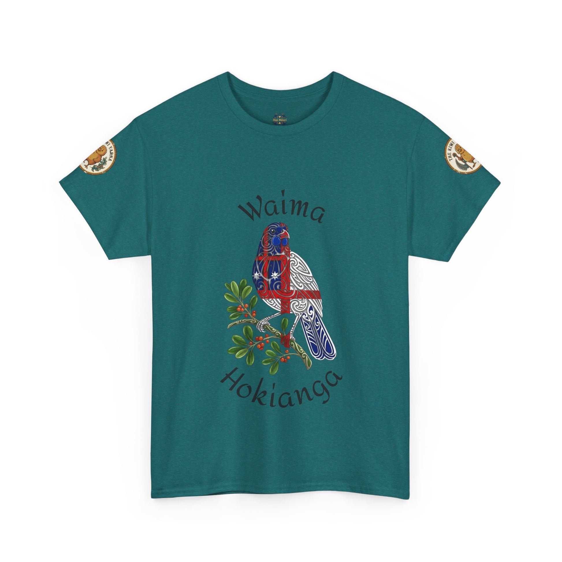 Teal graphic short-sleeve T-shirt with bird and foliage print; crew neck.
