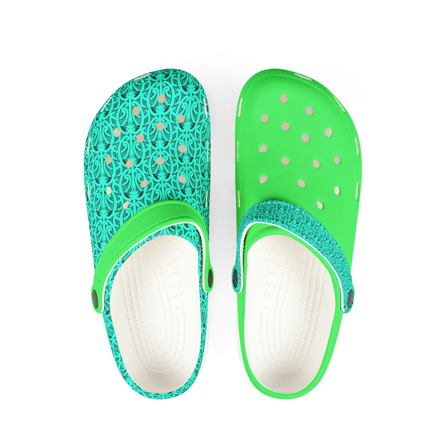 Teal and neon green perforated clog sandals with textured white sole