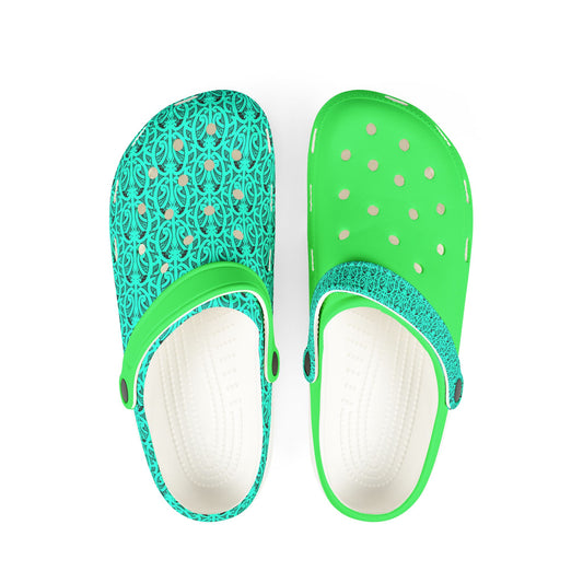 Teal and neon green perforated clog sandals with textured white sole