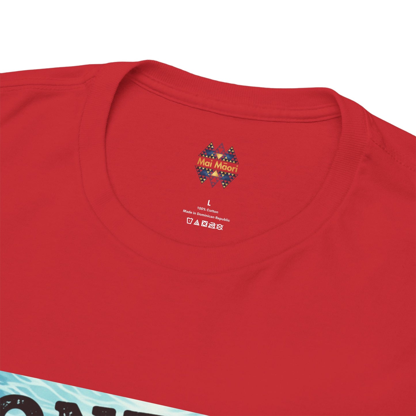 Red crew-neck graphic T-shirt with small chest logo