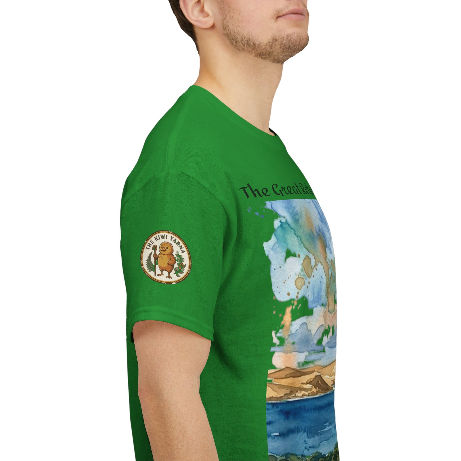 Green printed T-shirt with side view of watercolor landscape and sleeve emblem patch.