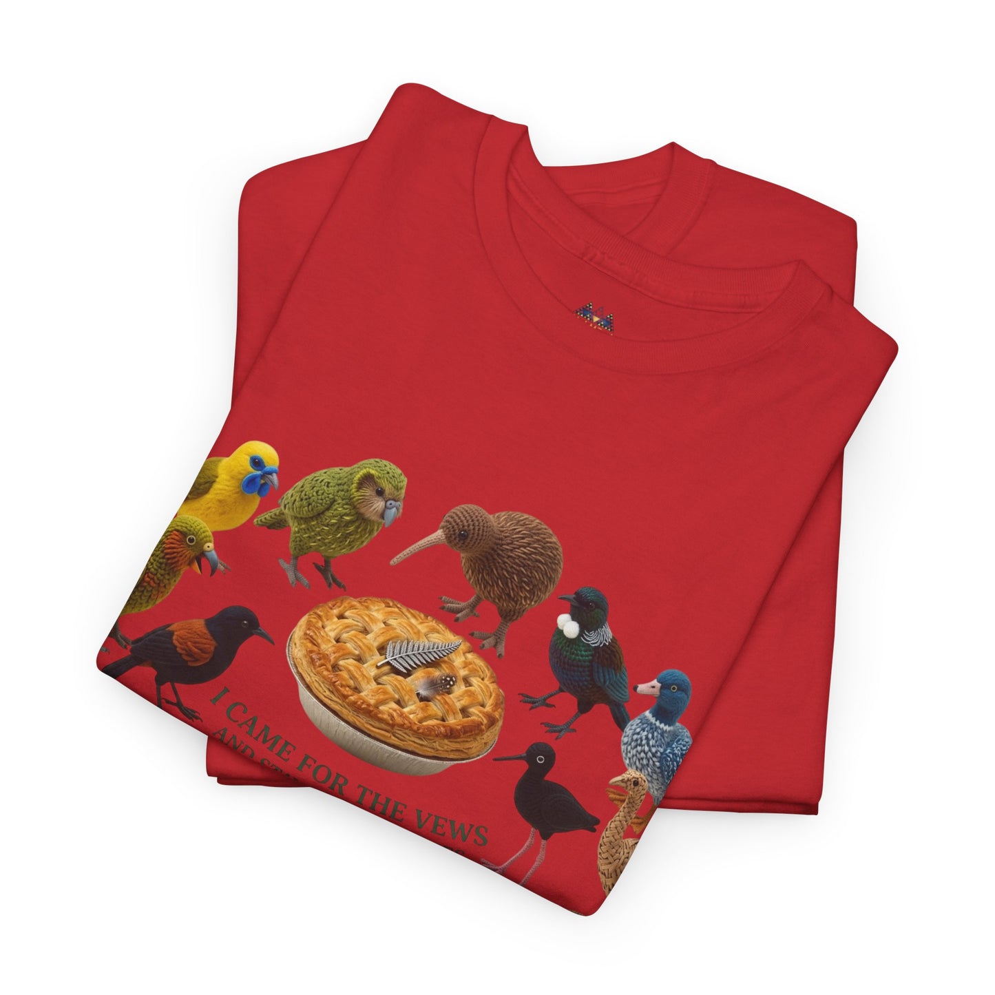 Folded red T-shirt set with bird-and-pizza graphic on the front