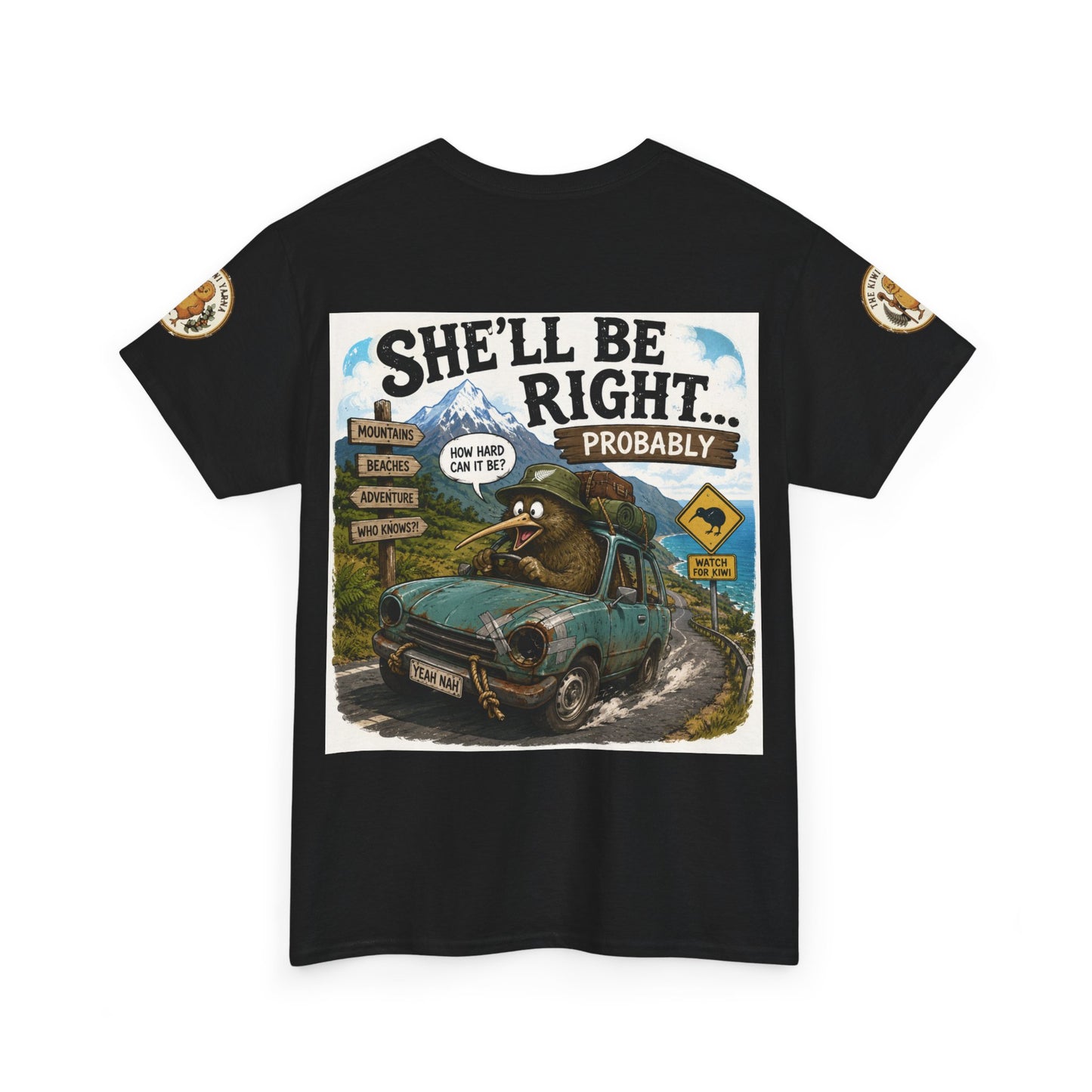 Black graphic T-shirt with bold chest text and outdoor vehicle illustration