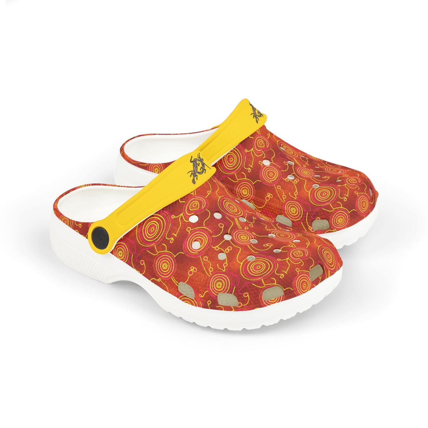 Aboriginal art casual clog shoe, red patterned upper with yellow strap and white sole