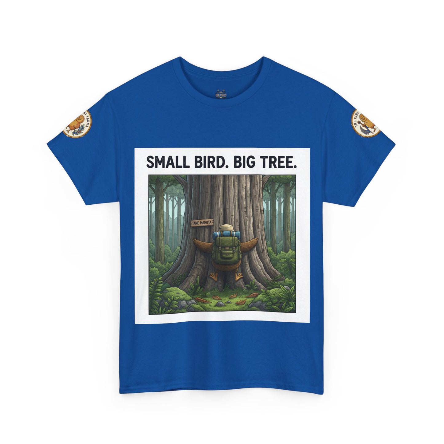Royal blue crewneck T-shirt with forest graphic and 'Small Bird. Big Tree.' print