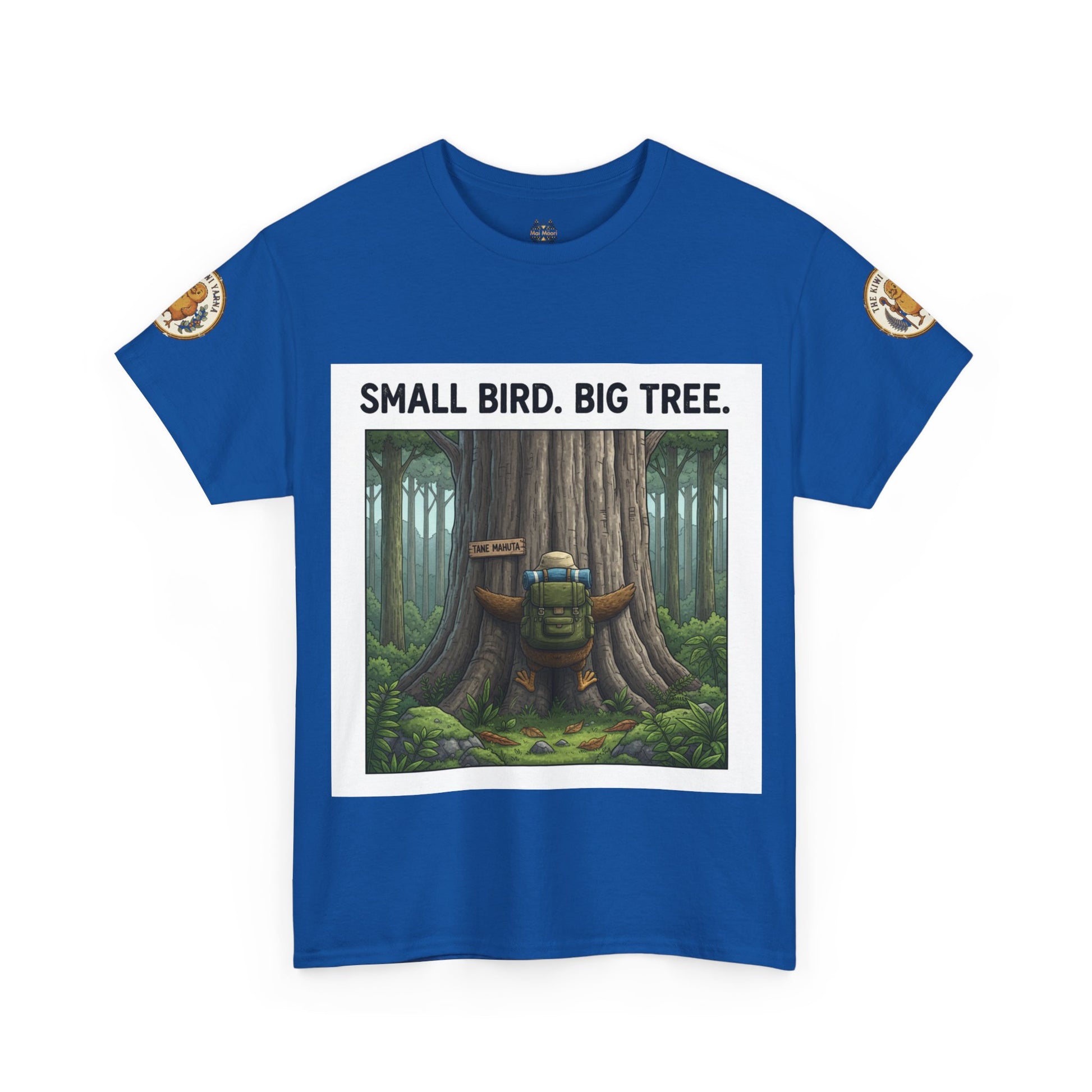 Royal blue crewneck T-shirt with forest graphic and 'Small Bird. Big Tree.' print