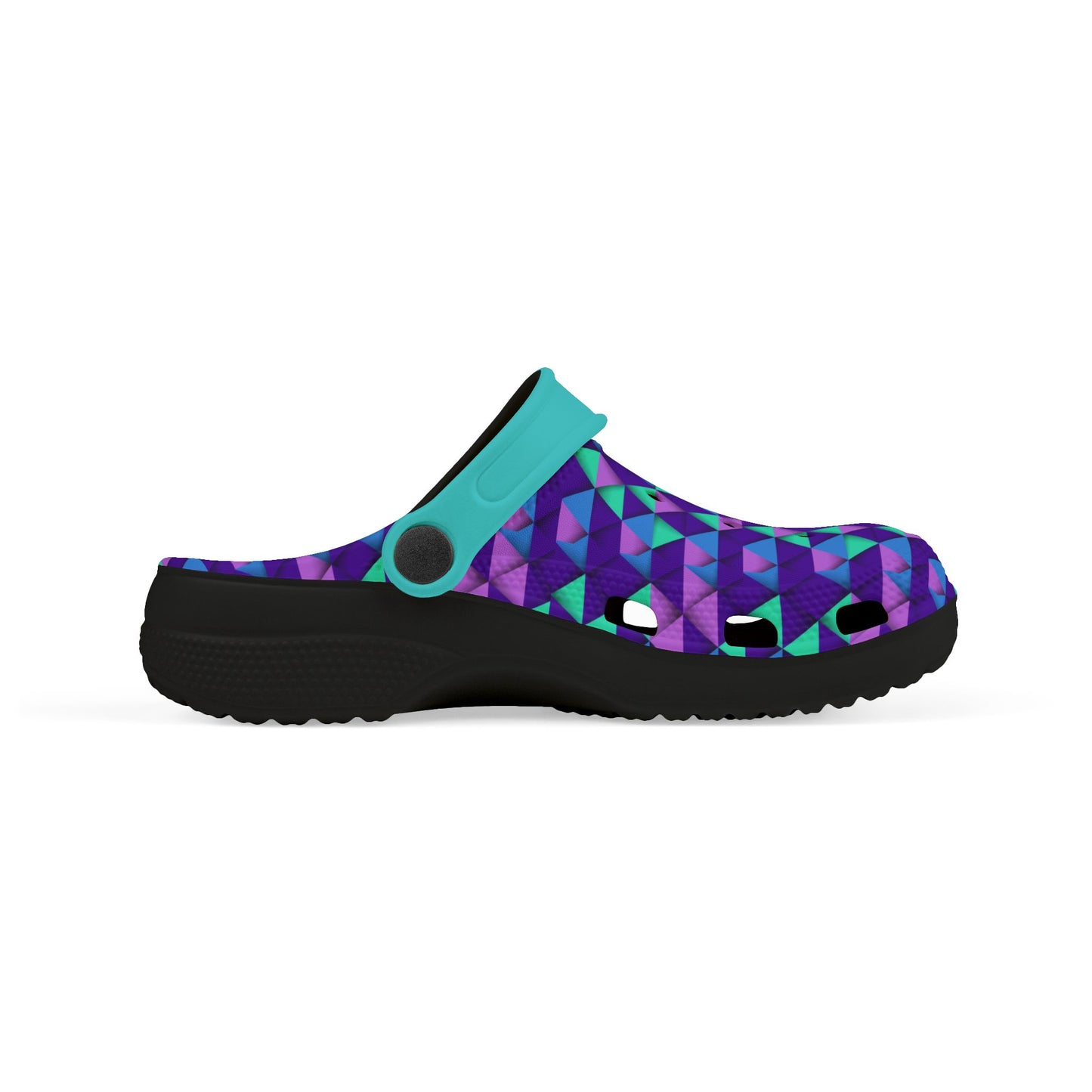 Croc-style clogs, black outsole with teal strap and purple geometric upper