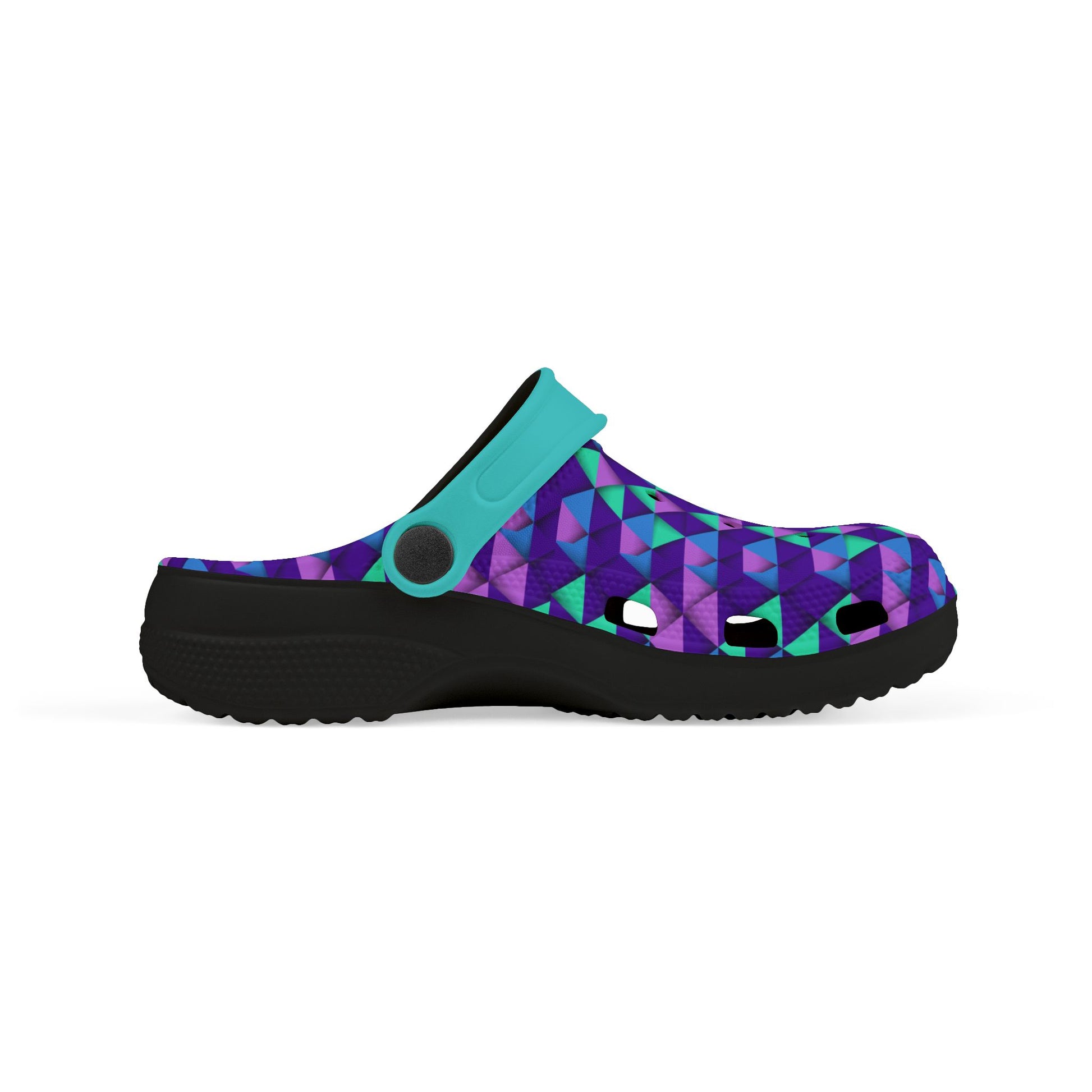 Croc-style clogs, black outsole with teal strap and purple geometric upper
