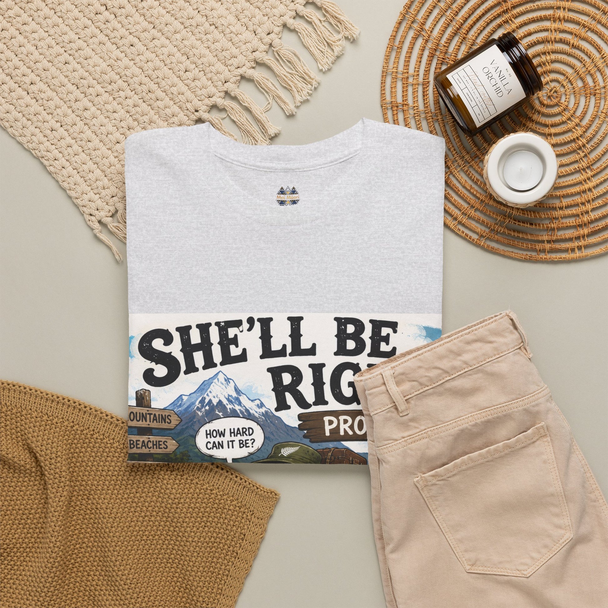 Light gray graphic crewneck T-shirt with large front text-and-car print and small chest logo.
