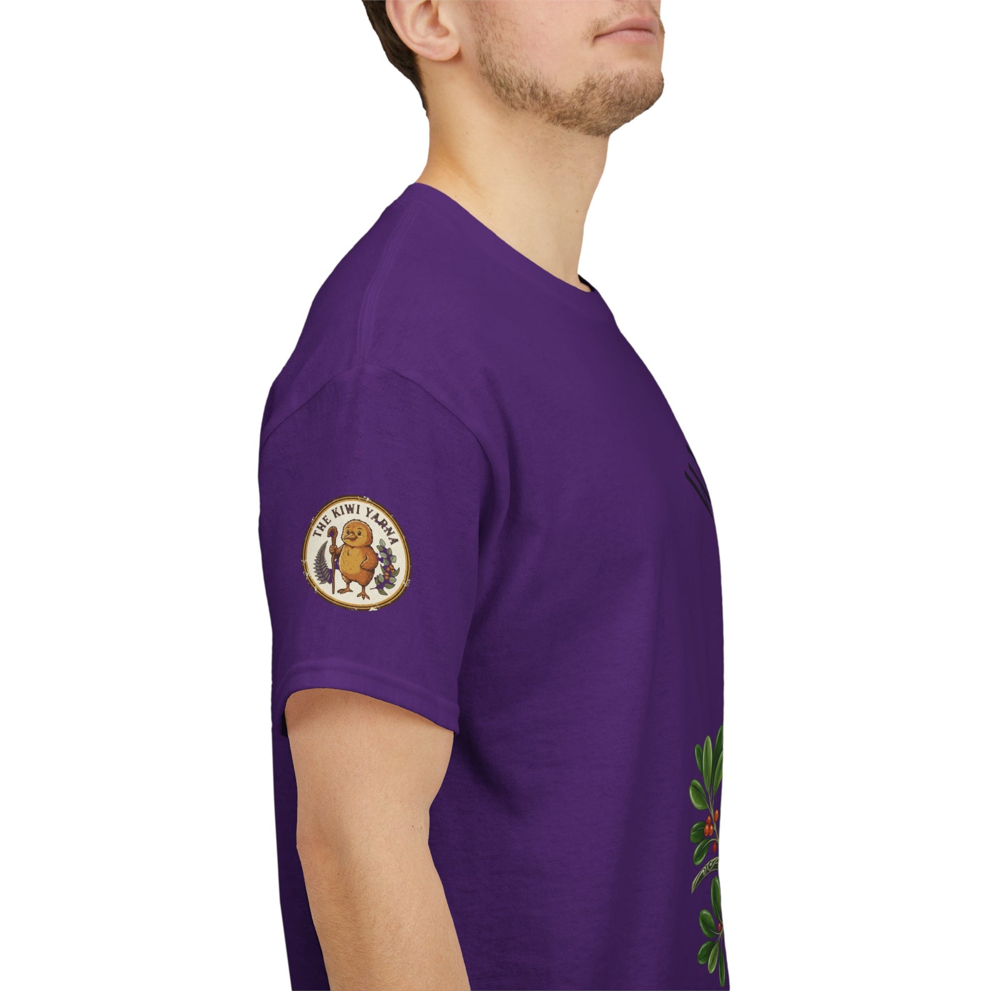 Purple T-shirt side view with circular sleeve patch, short sleeves