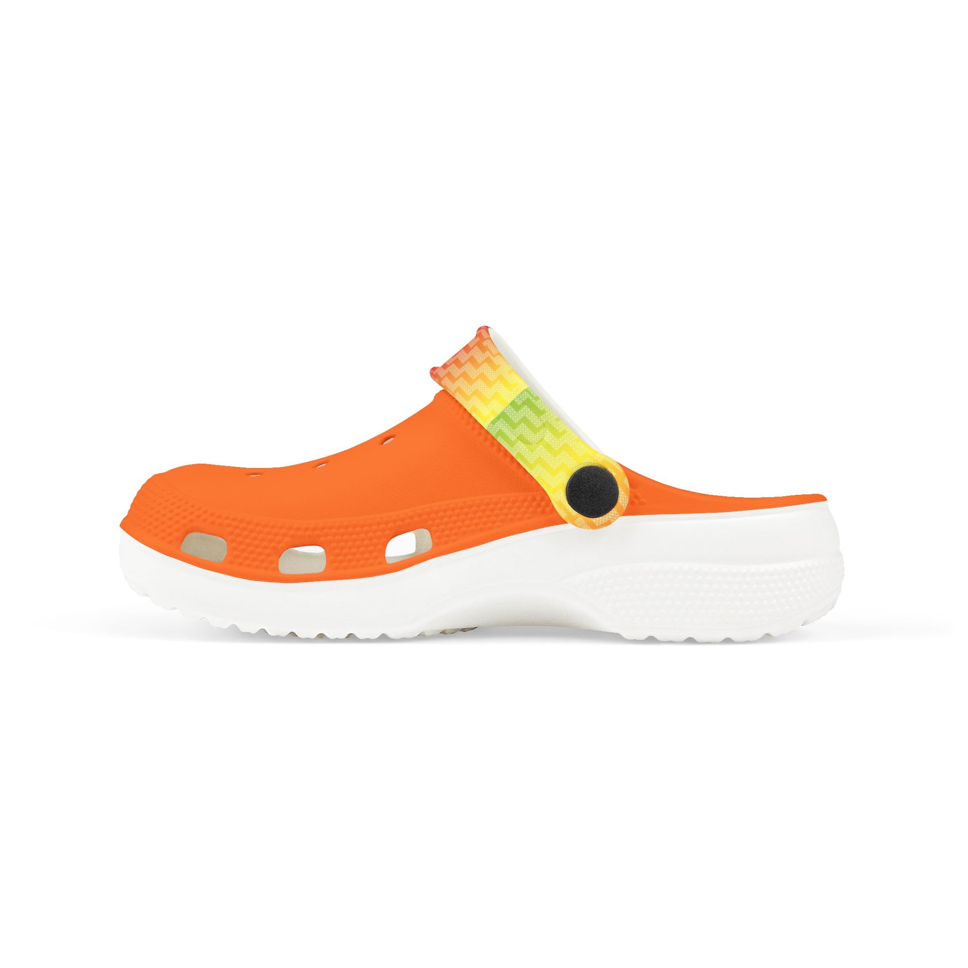 Croc-style slip-on clogs with orange upper, neon-yellow heel panel, and white sole