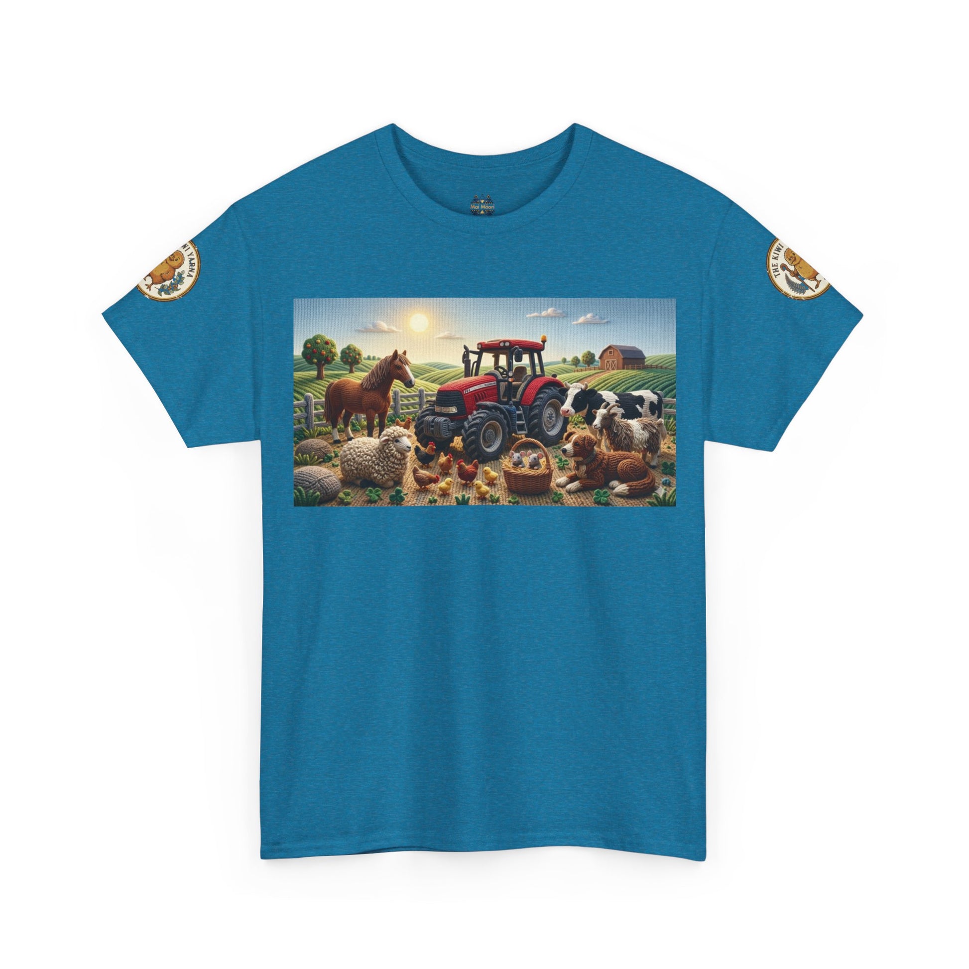 Blue crewneck T-shirt with farm scene graphic featuring tractor and animals