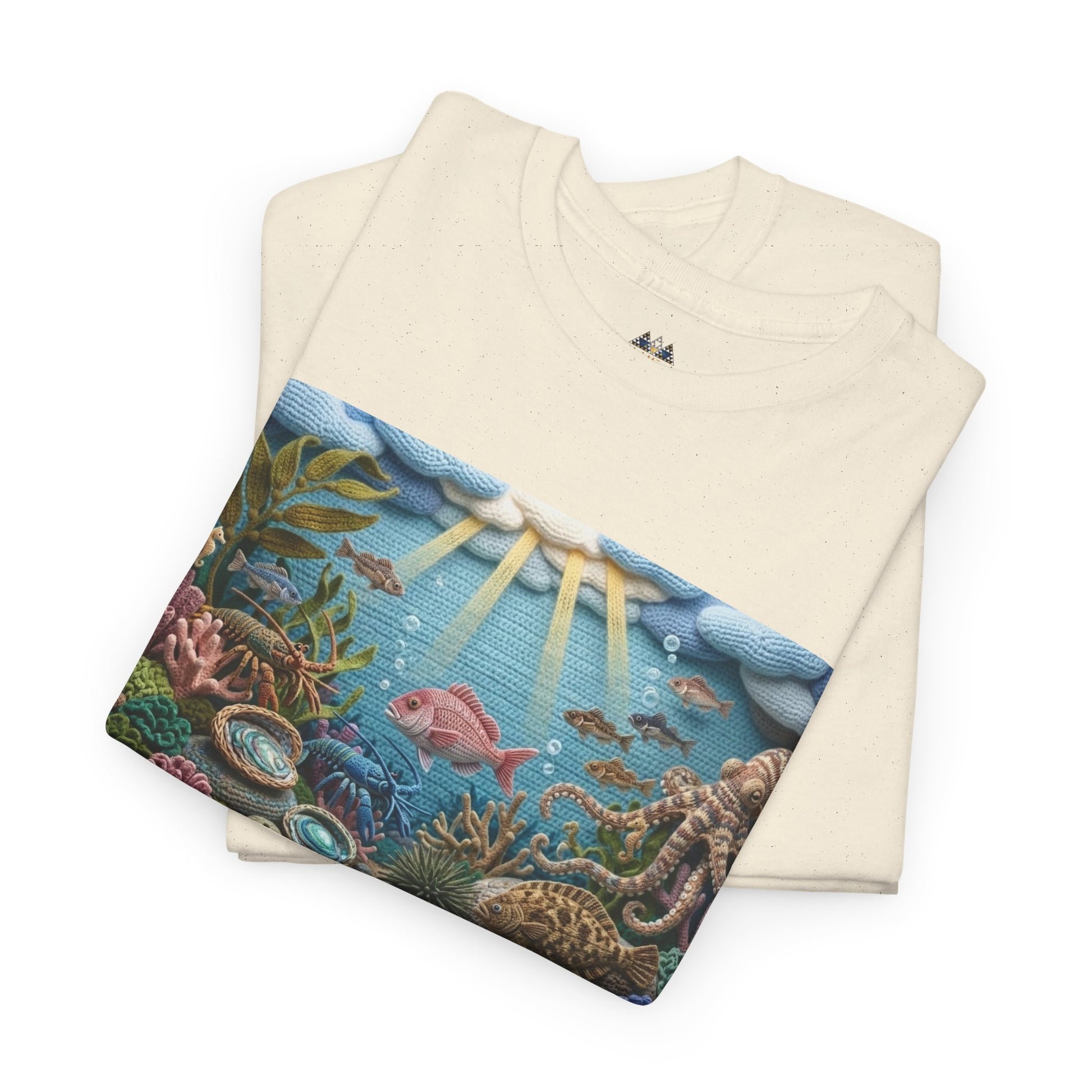 Off-white graphic T-shirt paired with ocean reef fish print panel in front