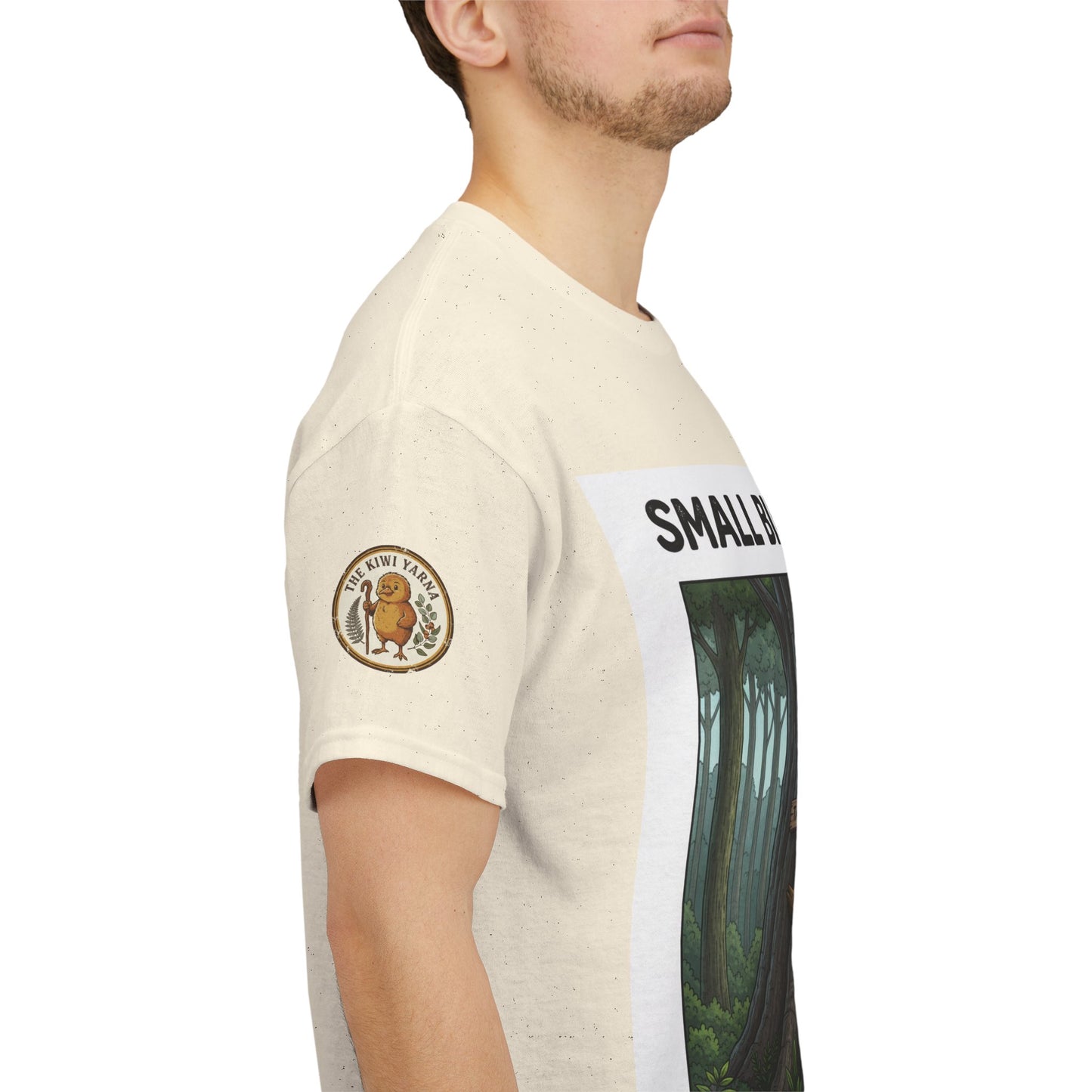 Unisex graphic T-shirt, light cream with sleeve logo and forest side print