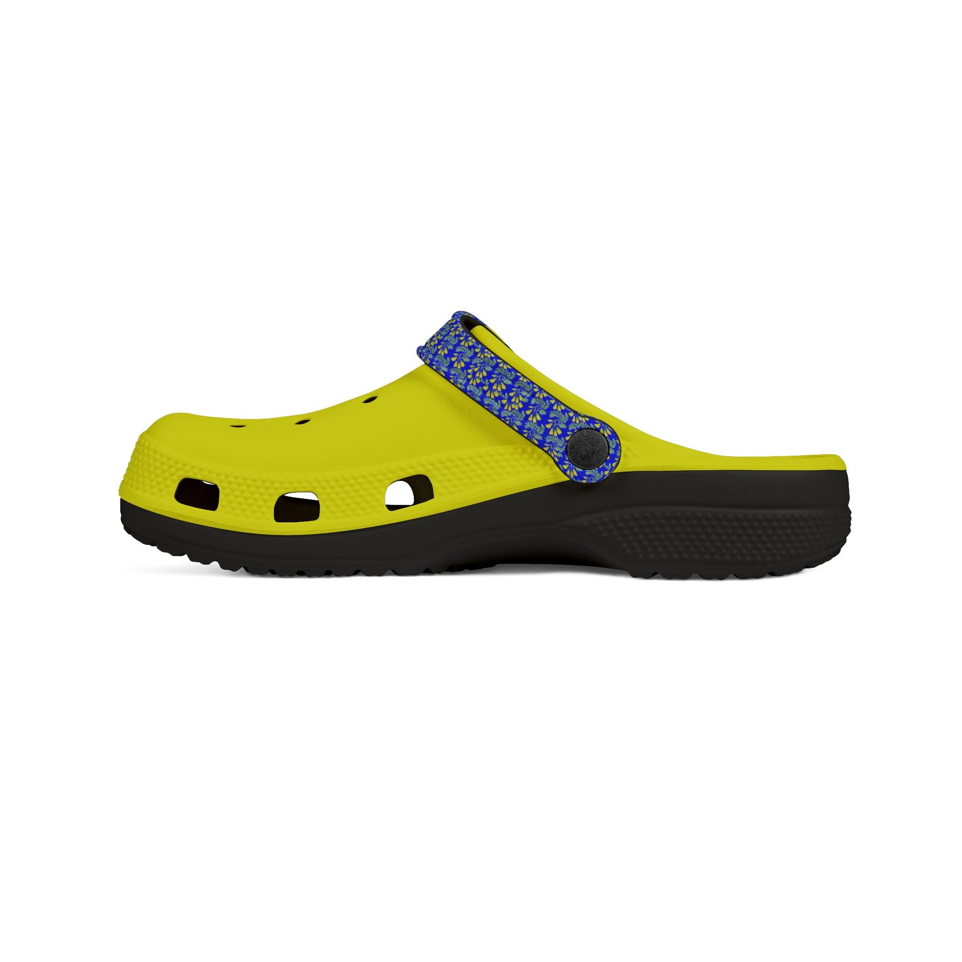 Neon yellow slip-on clog with blue speckled strap and black sole.